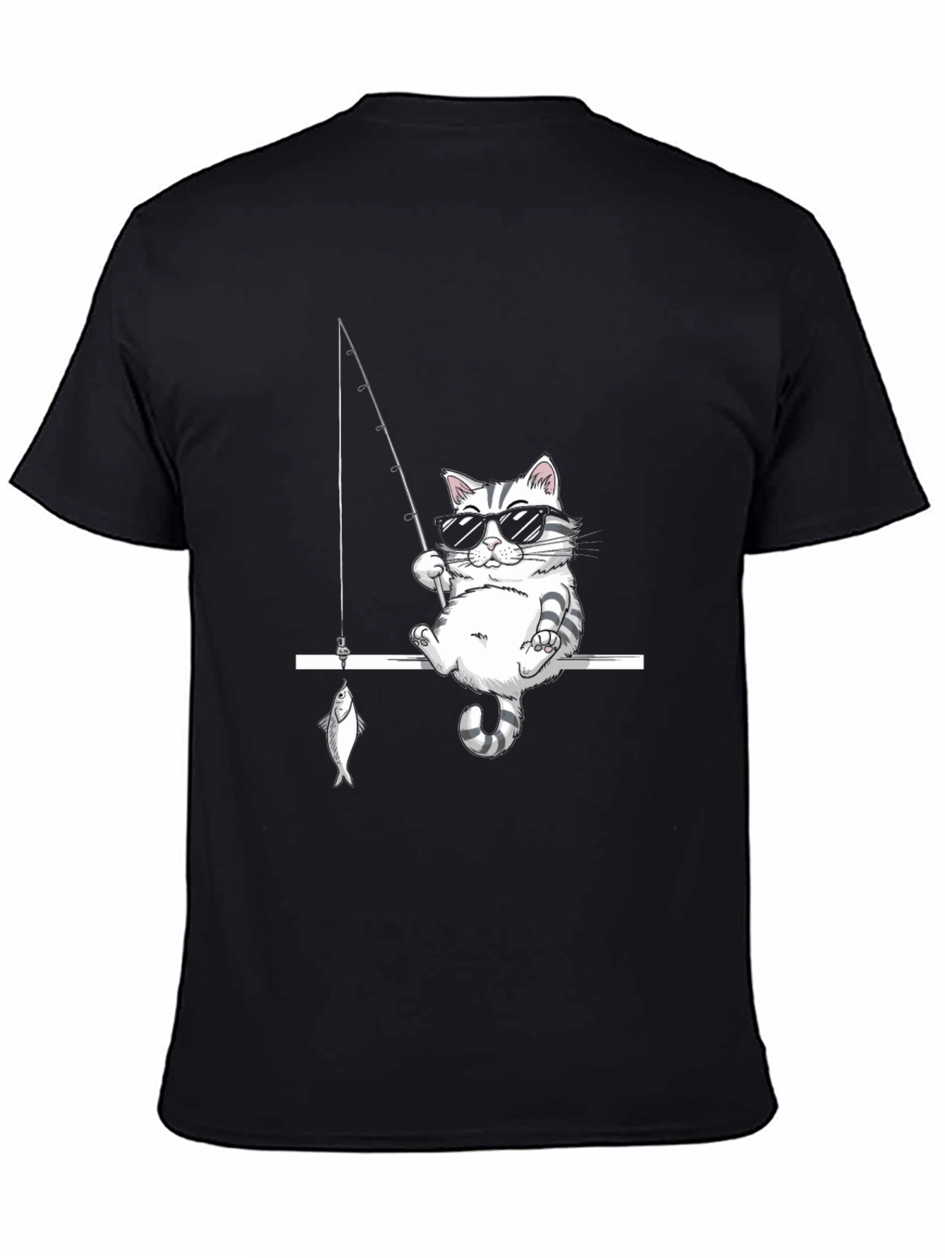 Cool Cat Fishing Graphic Tee - Black Cotton T-Shirt