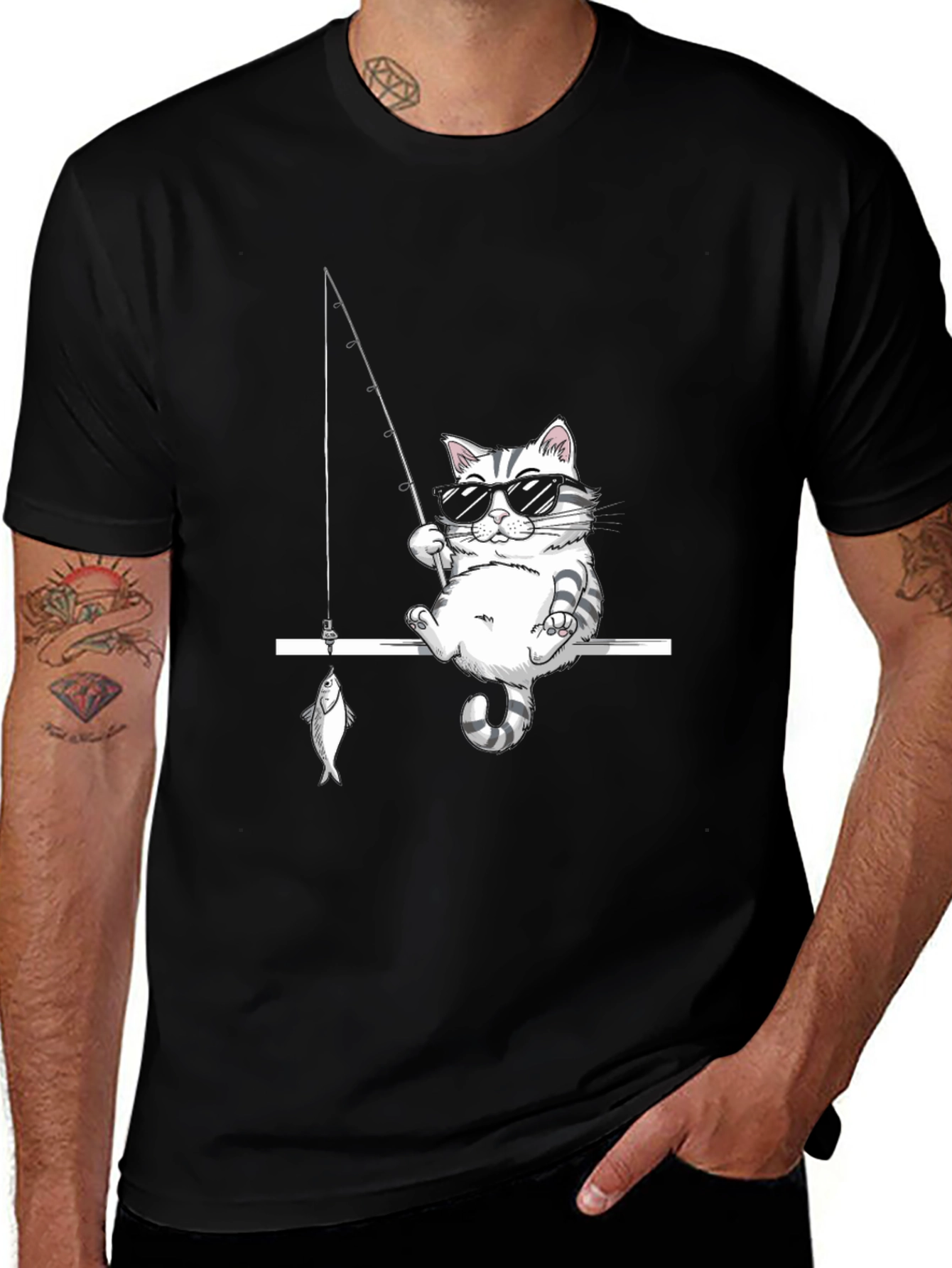 Cool Cat Fishing Graphic Tee - Black Cotton T-Shirt