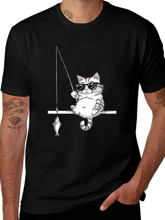 Cool Cat Fishing Graphic Tee - Black Cotton T-Shirt