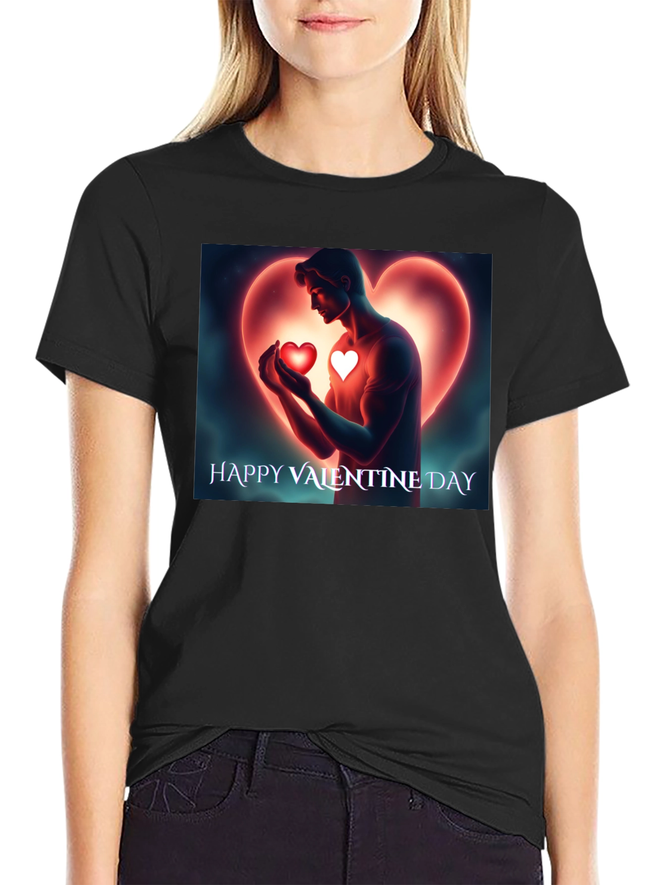Valentines Day Heart Graphic Black T-Shirt