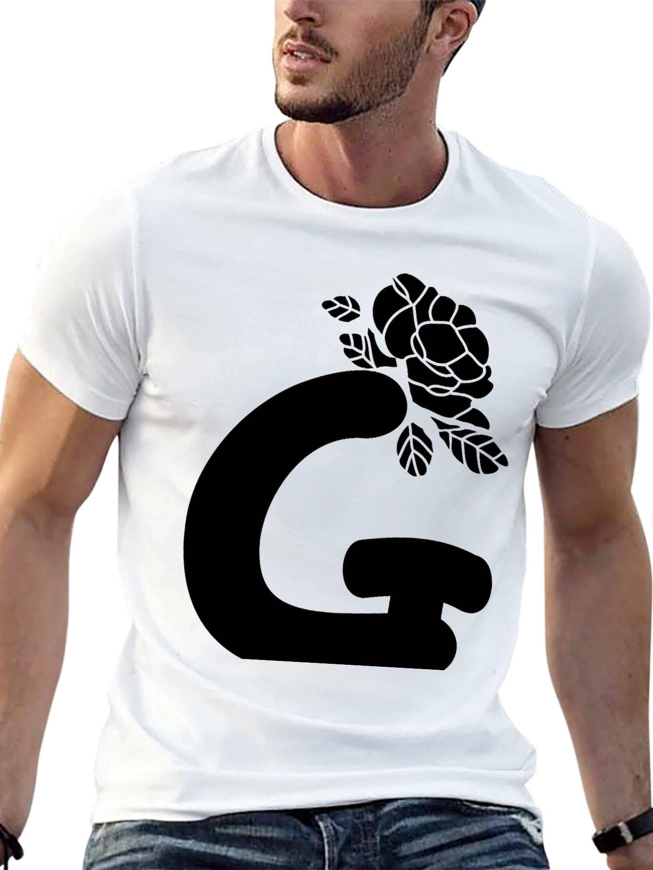 Black Graphic Tee: Rose Letter Design