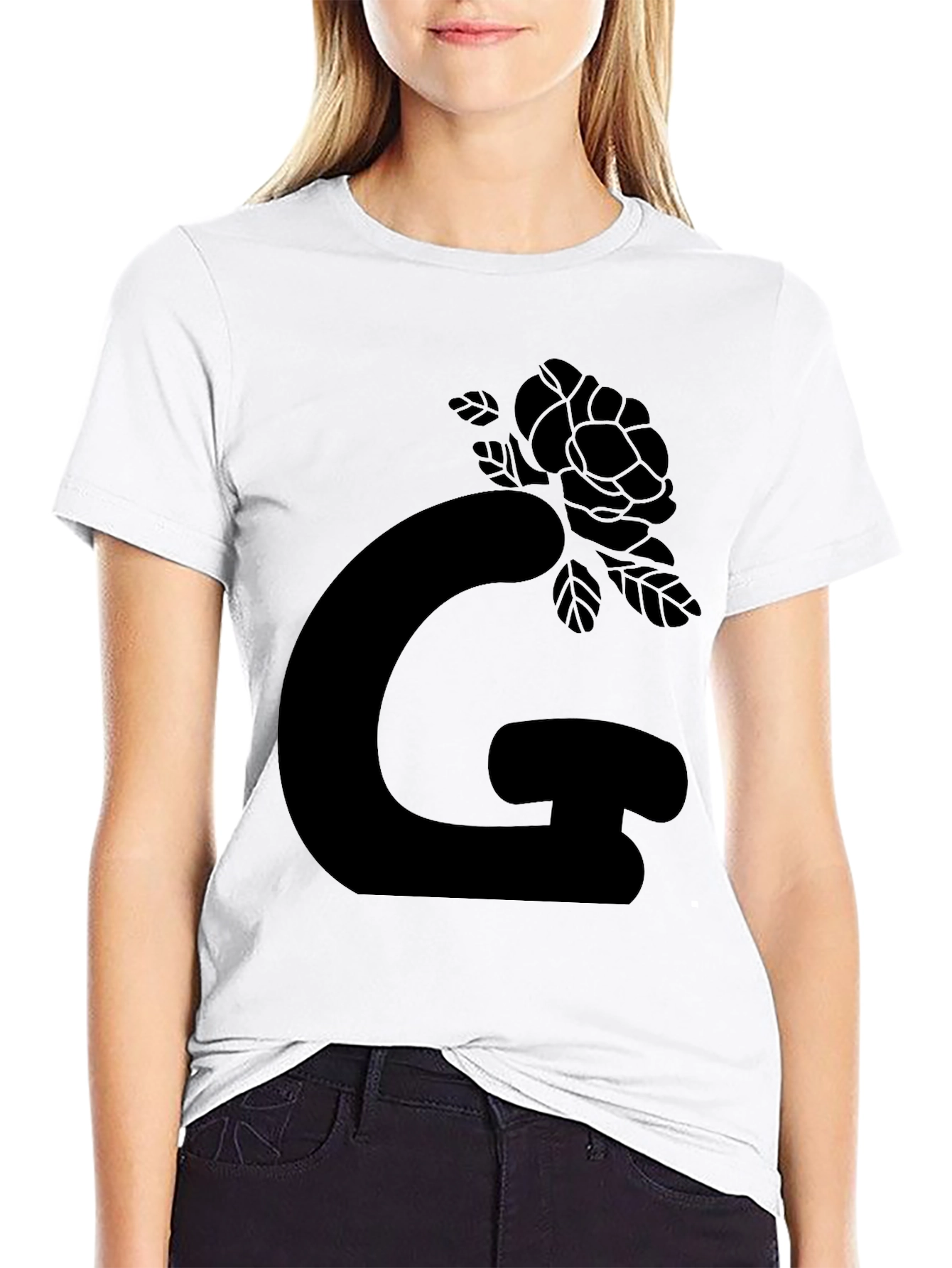 Black Graphic Tee: Rose Letter Design