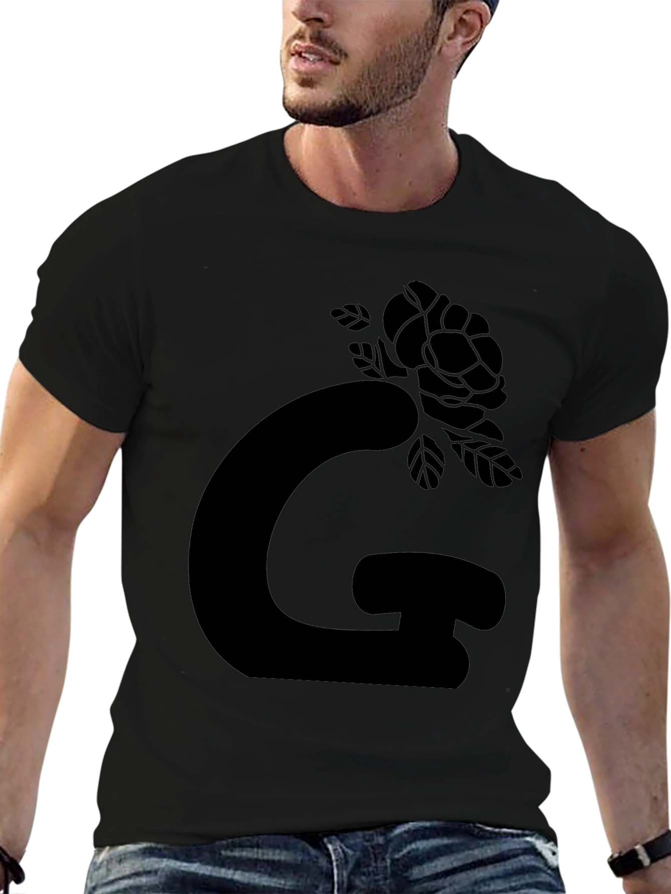 Black Graphic Tee: Rose Letter Design