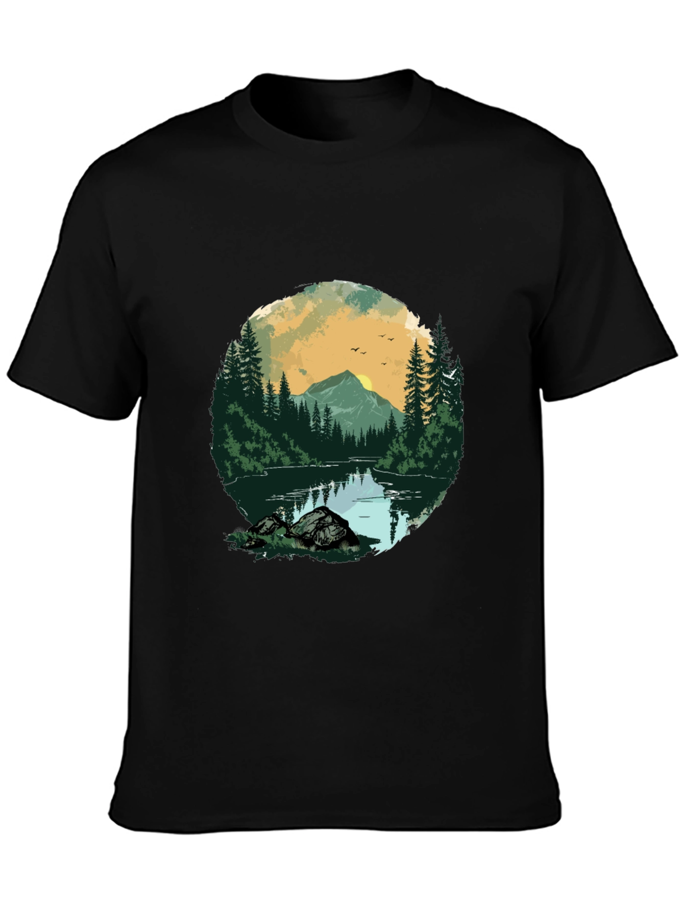 Nature Landscape Graphic Tee - Black Cotton Shirt
