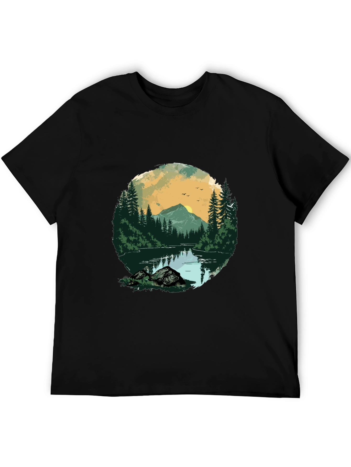 Nature Landscape Graphic Tee - Black Cotton Shirt