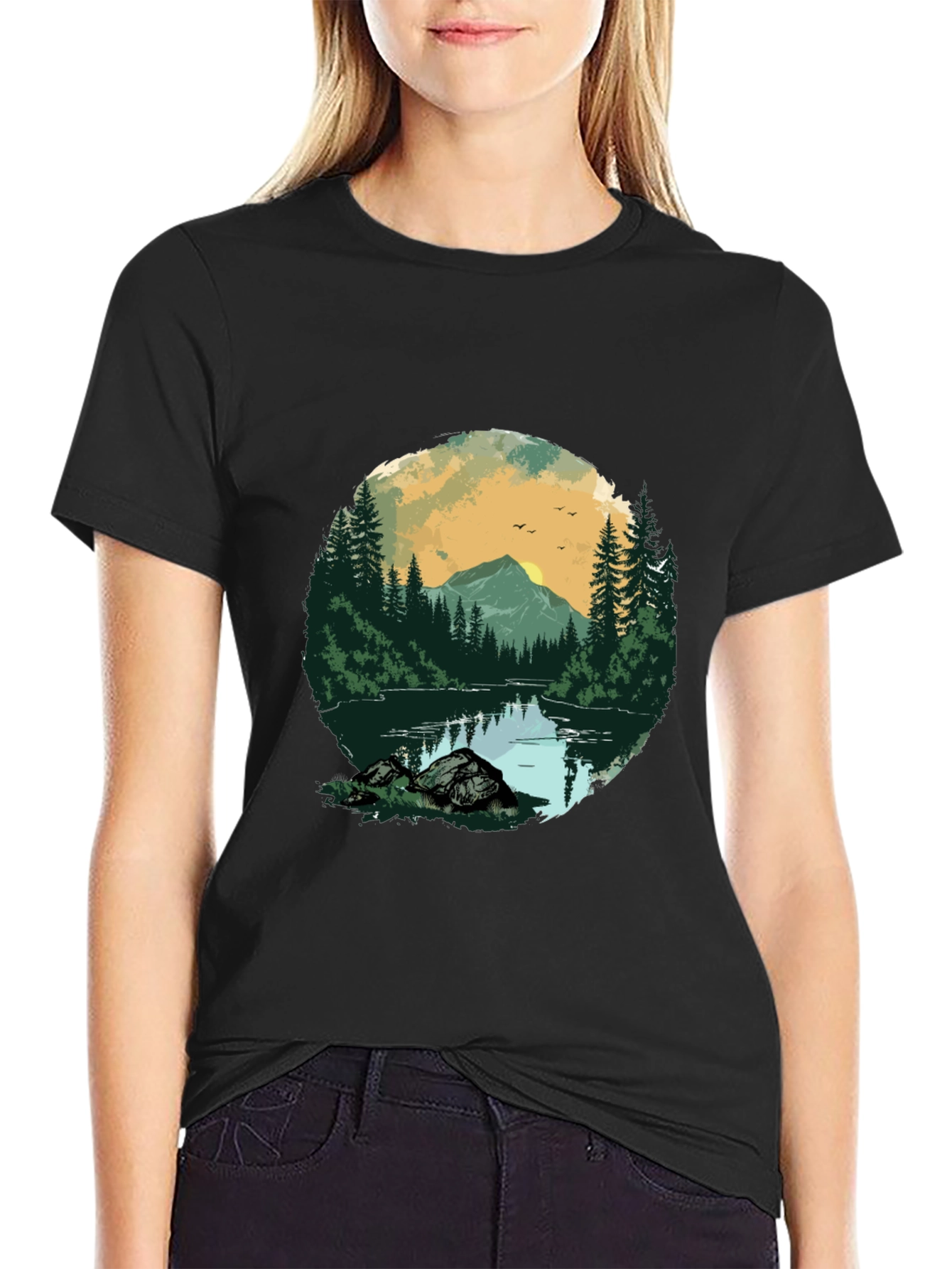 Nature Landscape Graphic Tee - Black Cotton Shirt