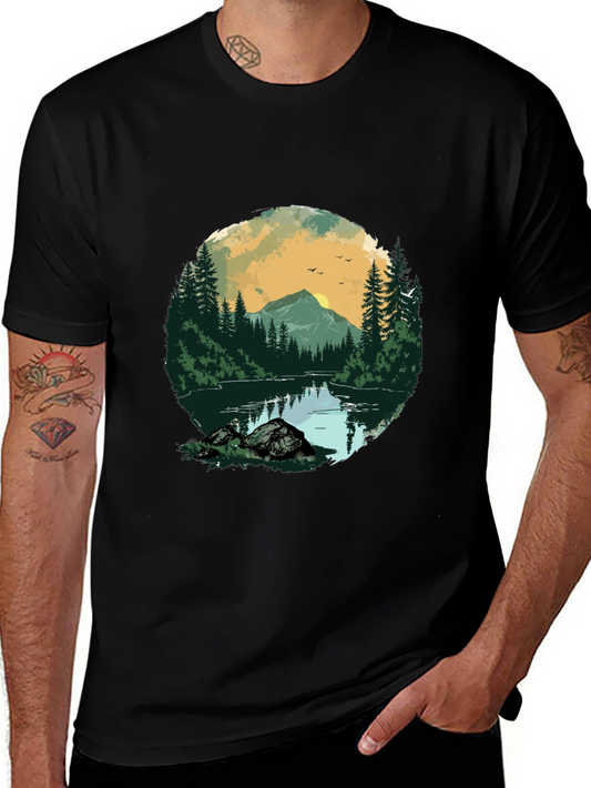 Nature Landscape Graphic Tee - Black Cotton Shirt