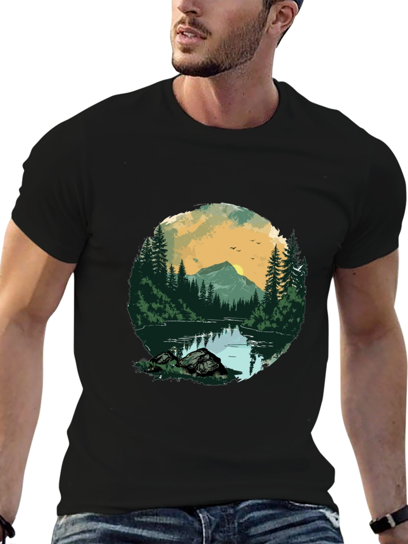Nature Landscape Graphic Tee - Black Cotton Shirt