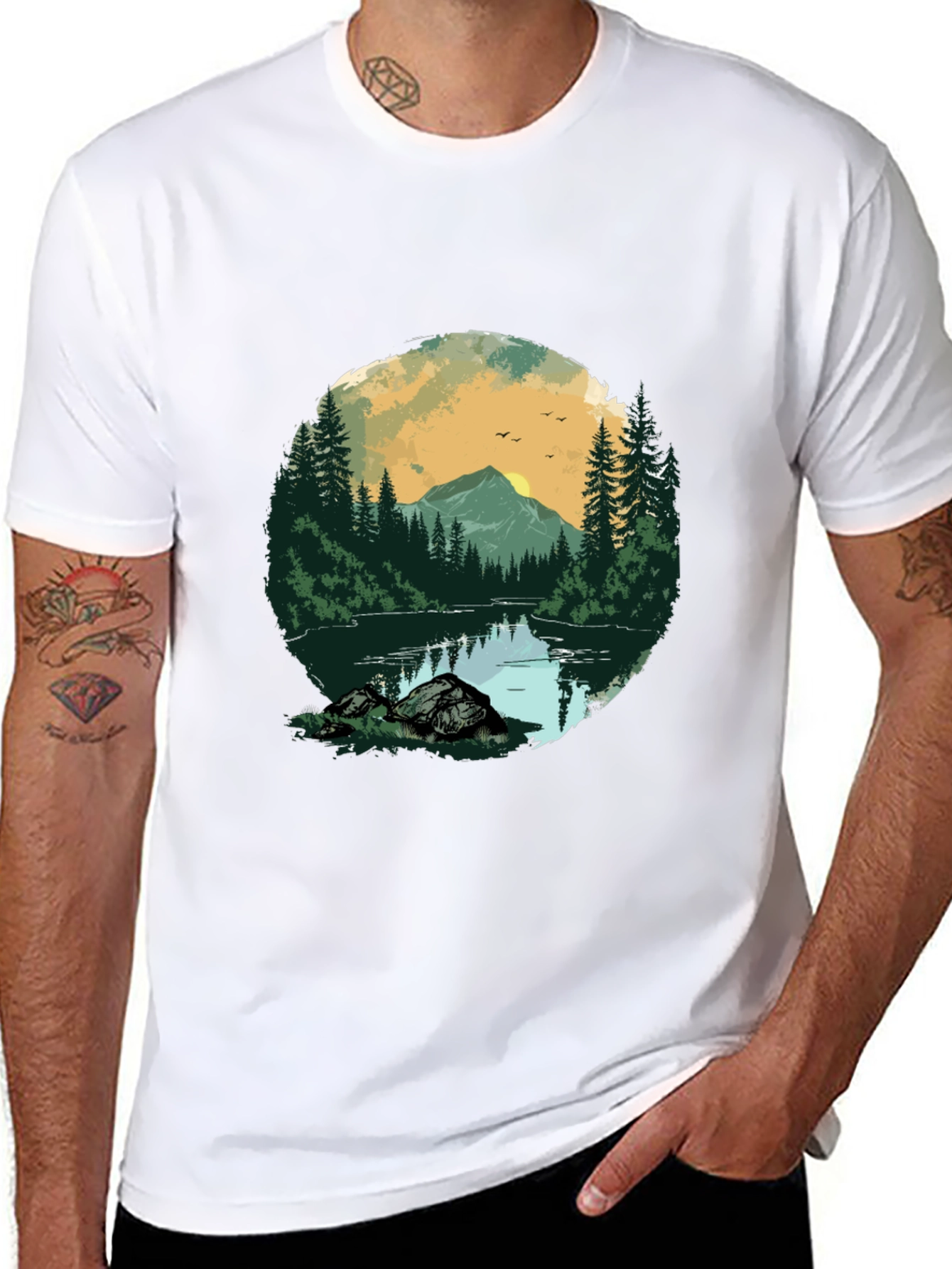 Nature Landscape Graphic Tee - Black Cotton Shirt