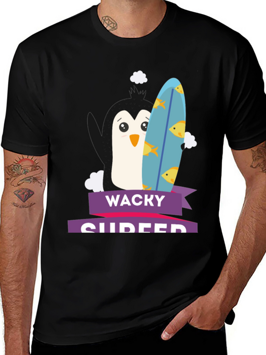 Wacky Surfer Penguin Graphic Tee - Black
