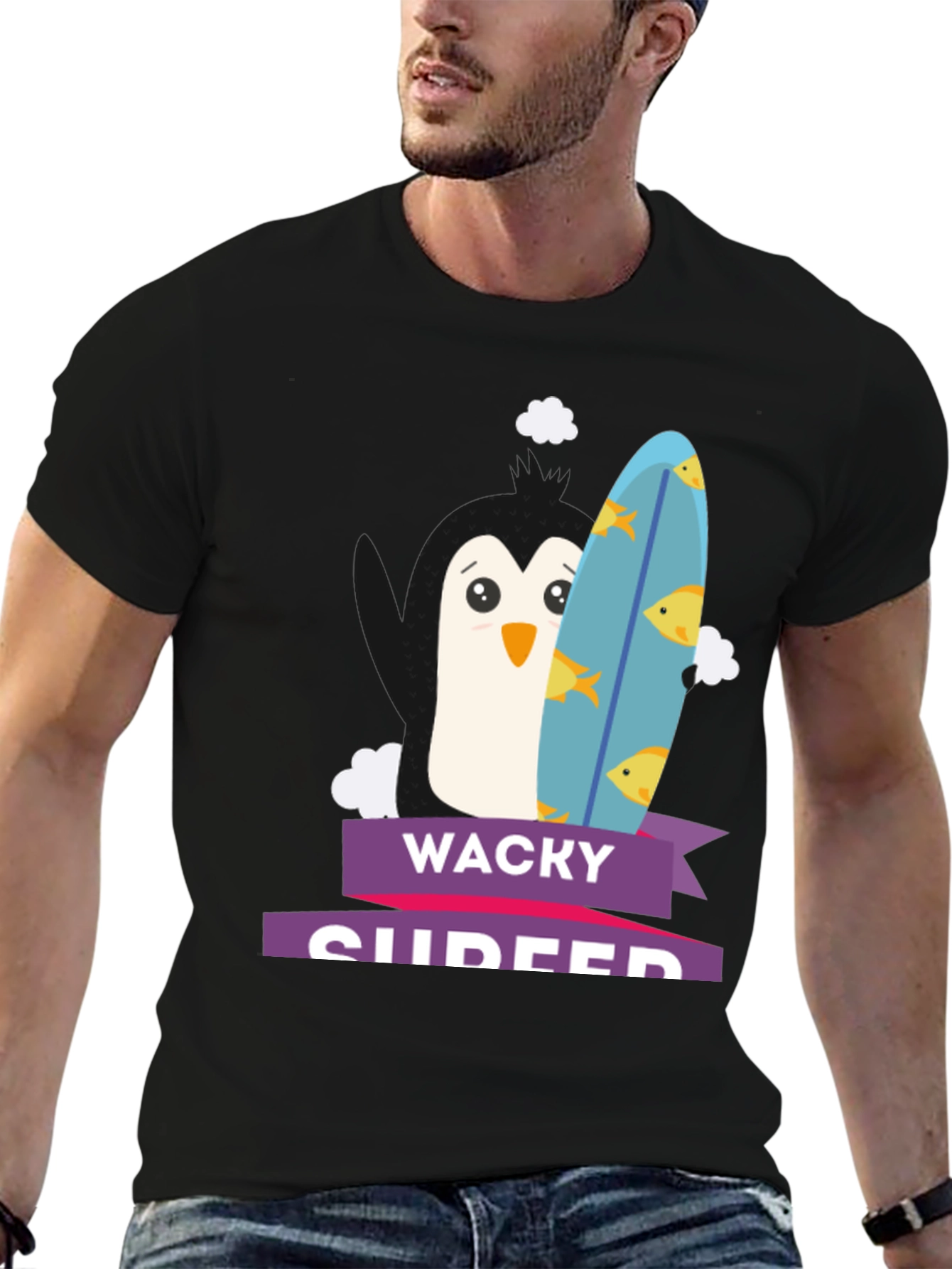 Wacky Surfer Penguin Graphic Tee - Black