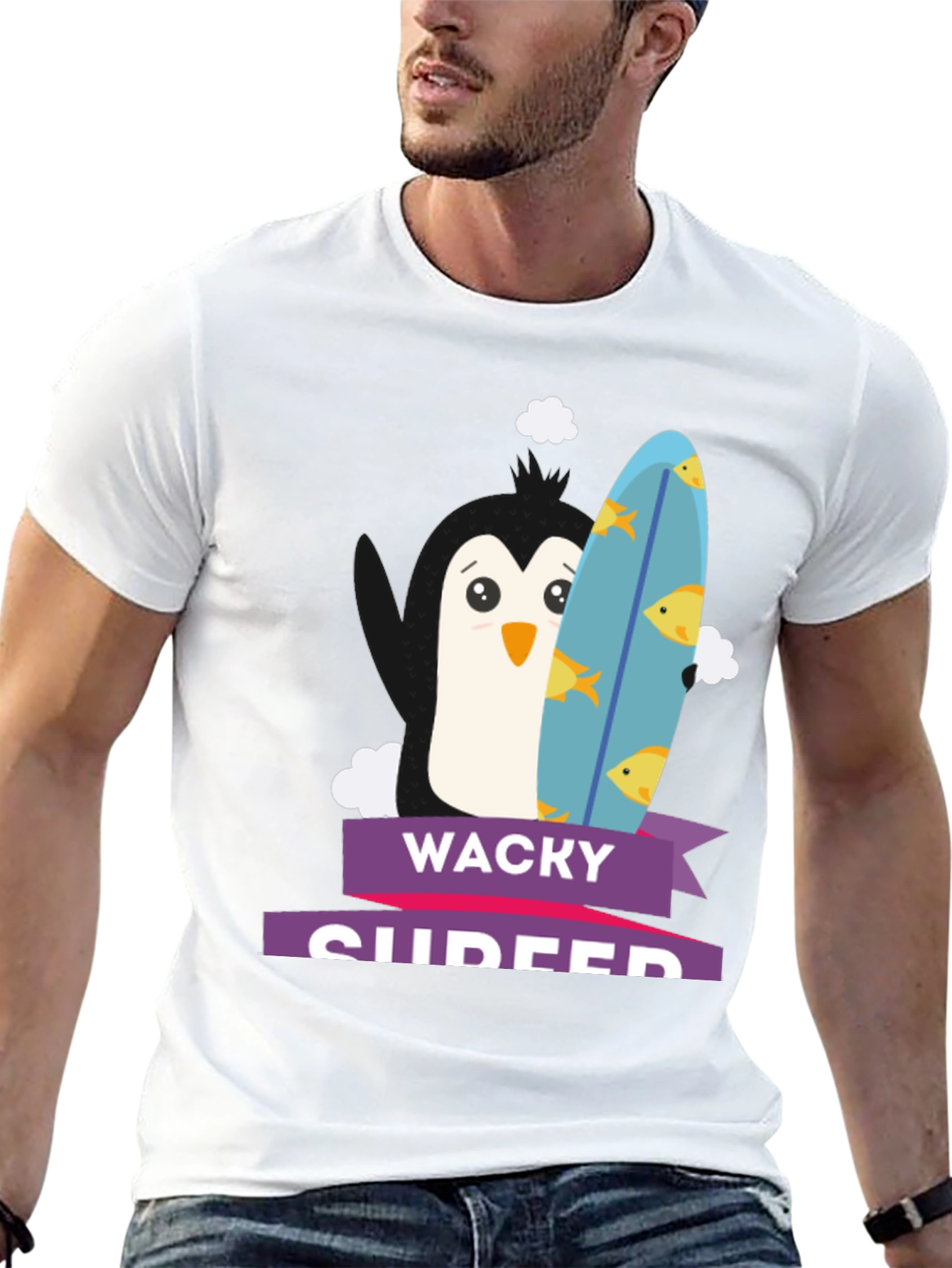 Wacky Surfer Penguin Graphic Tee - Black