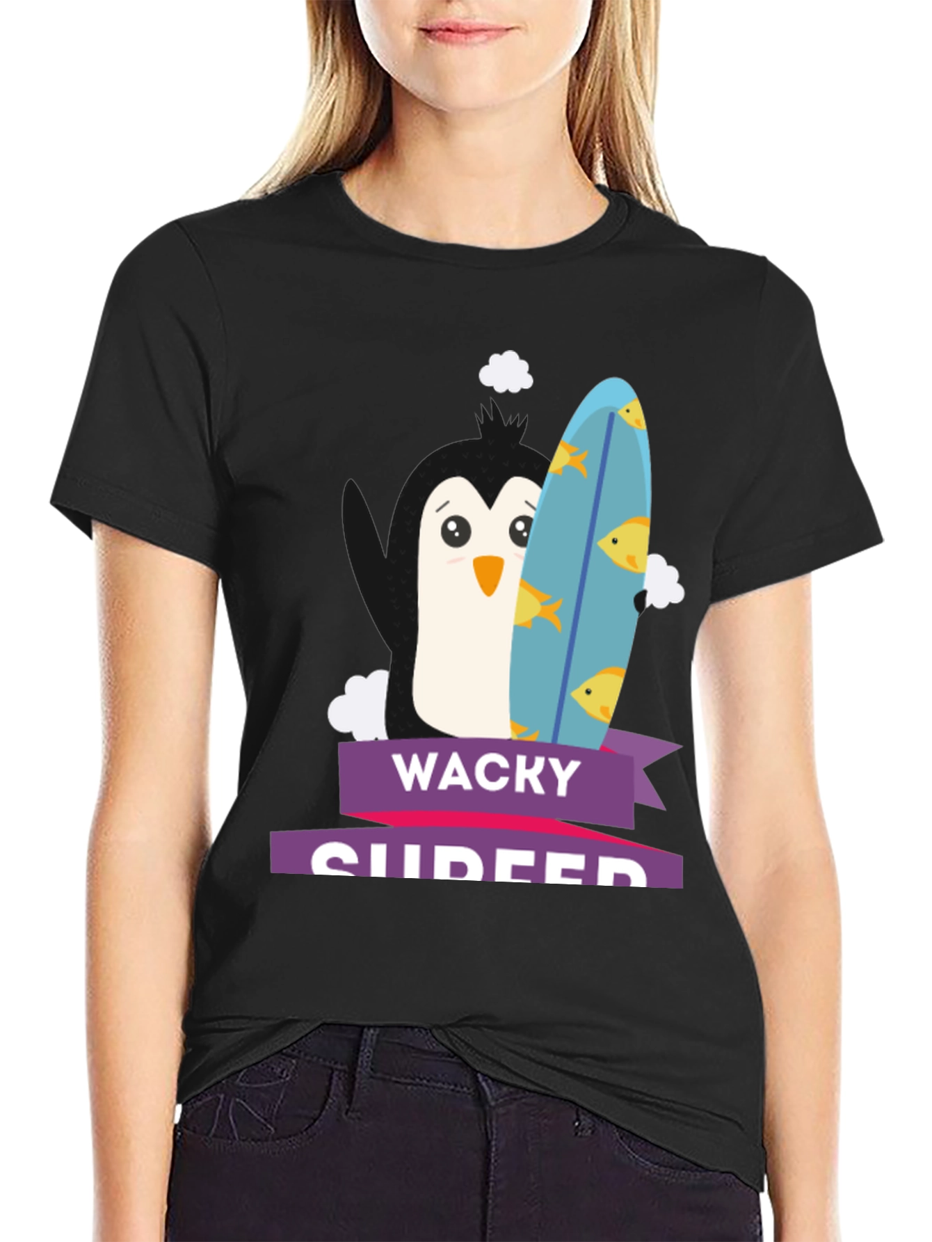 Wacky Surfer Penguin Graphic Tee - Black