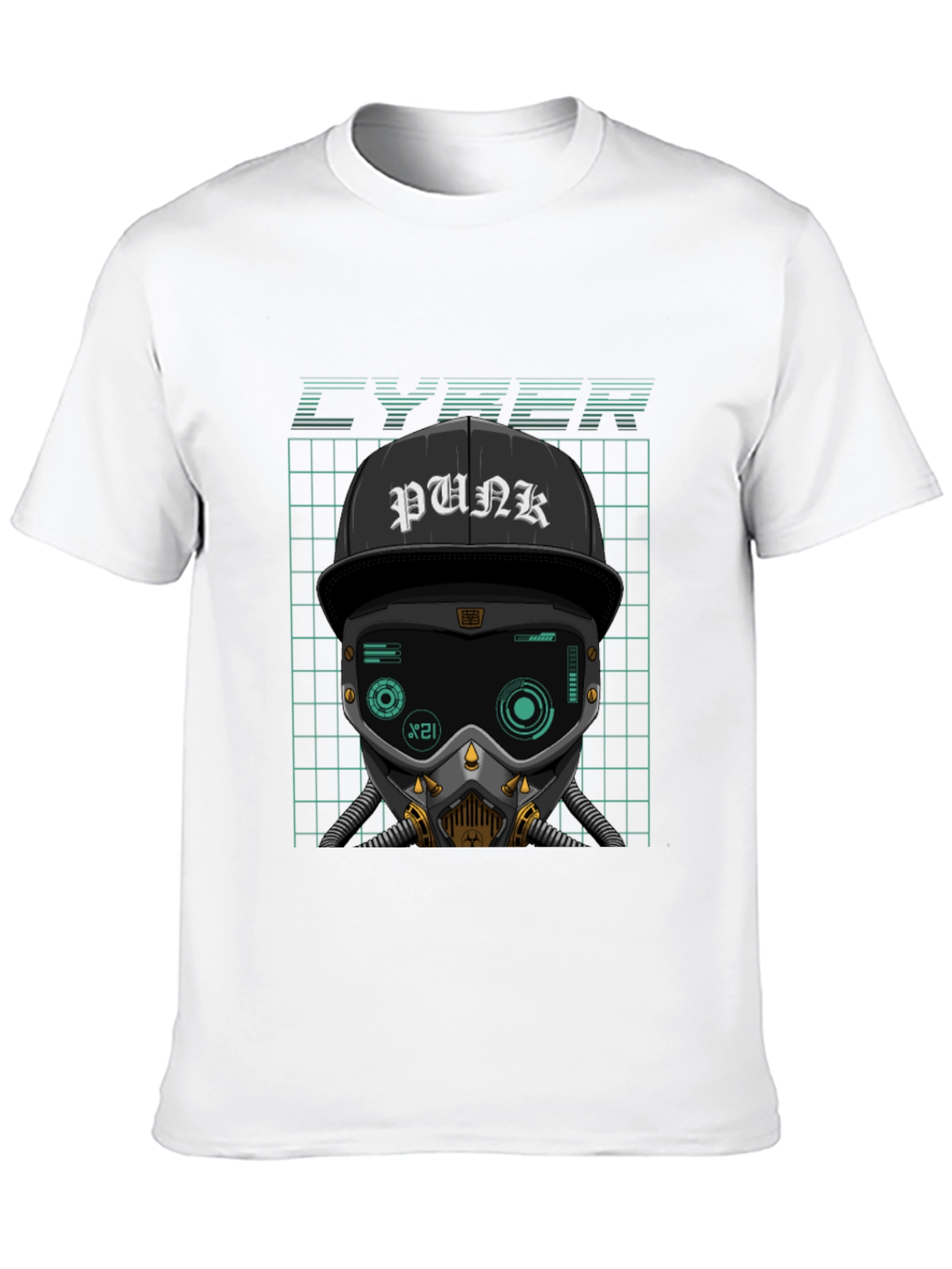 Cyberpunk Graphic Tee - Punk Hat Mask Grid