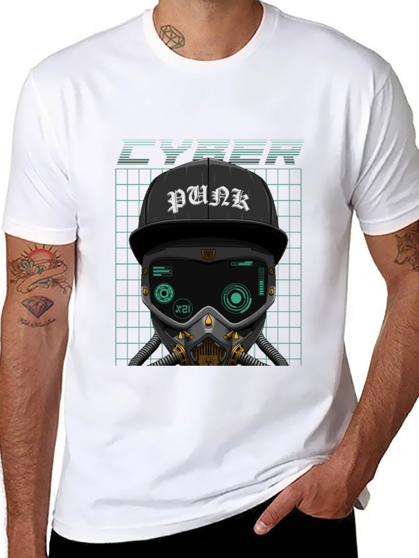 Cyberpunk Graphic Tee - Punk Hat Mask Grid