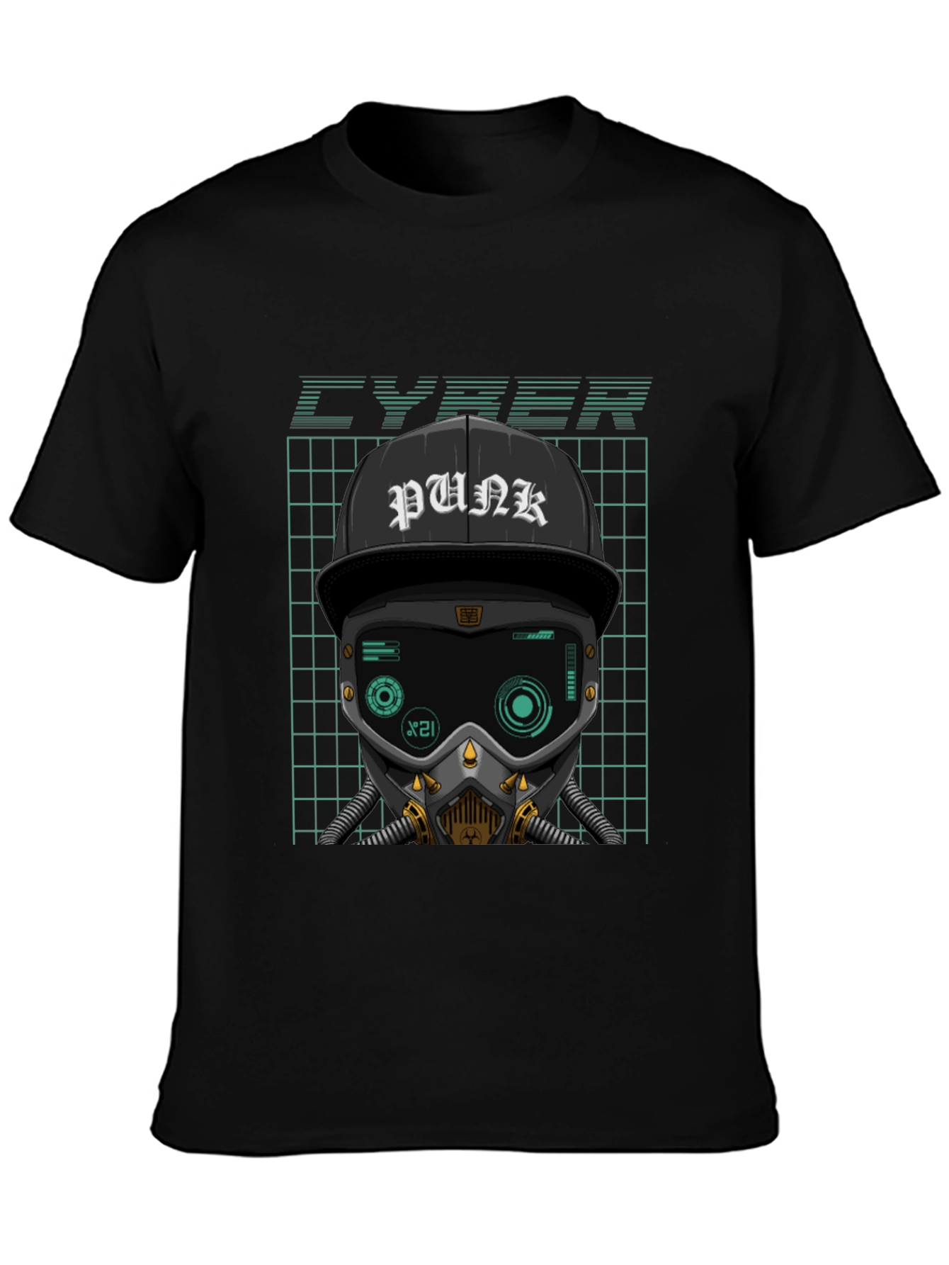Cyberpunk Graphic Tee - Punk Hat Mask Grid