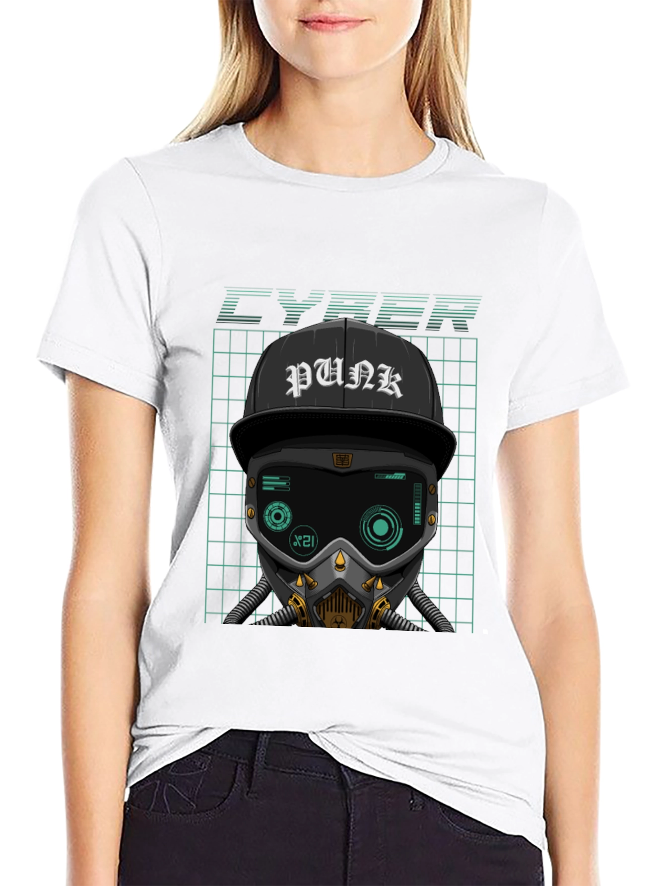 Cyberpunk Graphic Tee - Punk Hat Mask Grid
