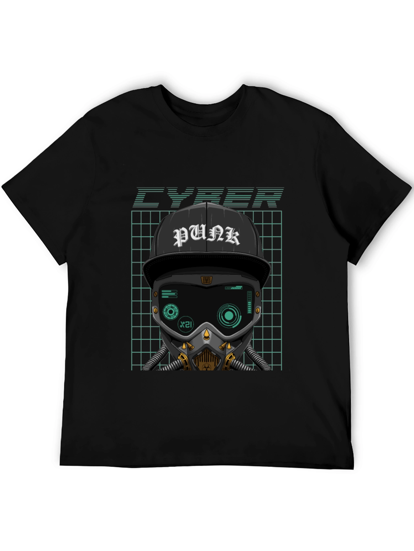 Cyberpunk Graphic Tee - Punk Hat Mask Grid