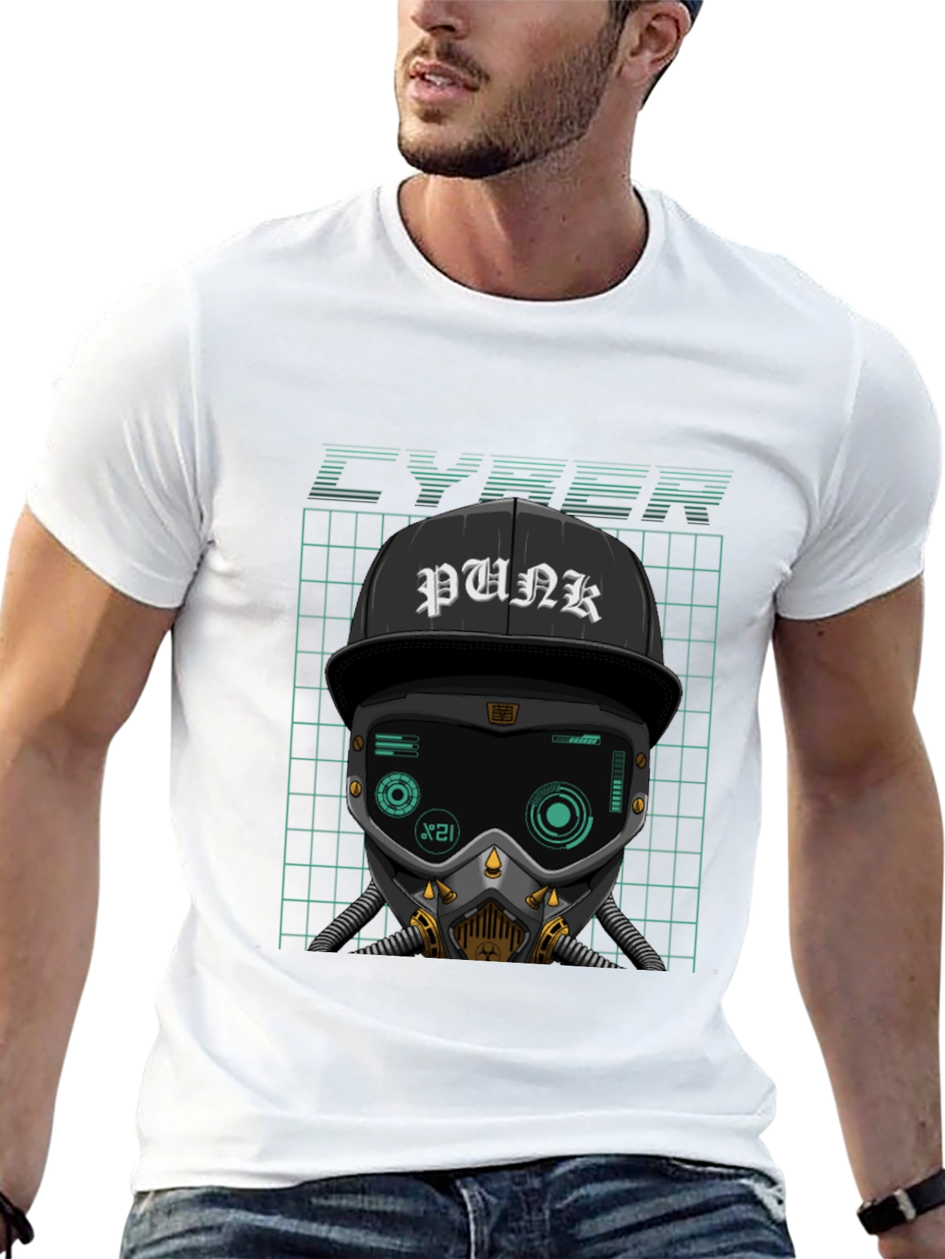 Cyberpunk Graphic Tee - Punk Hat Mask Grid