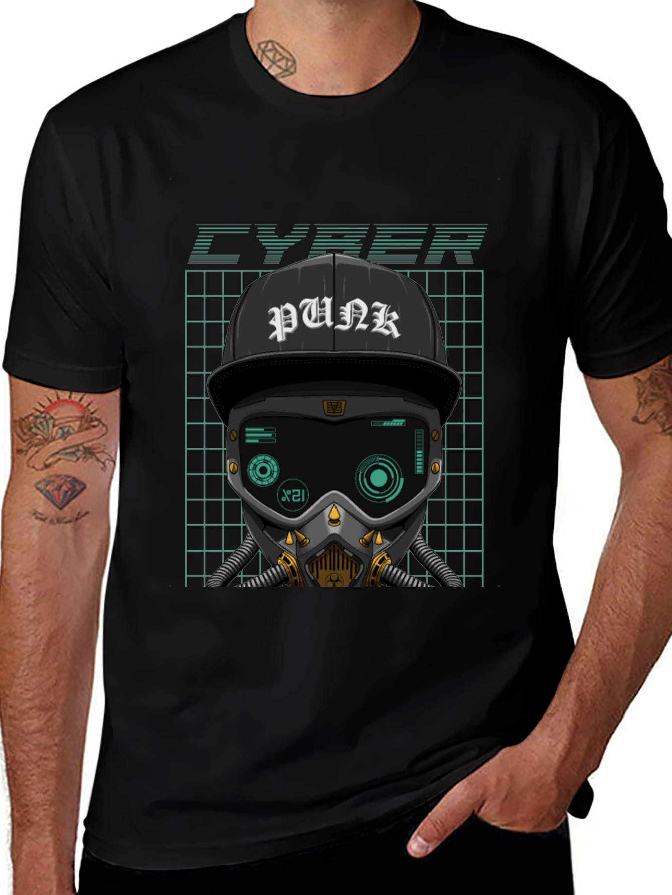 Cyberpunk Graphic Tee - Punk Hat Mask Grid