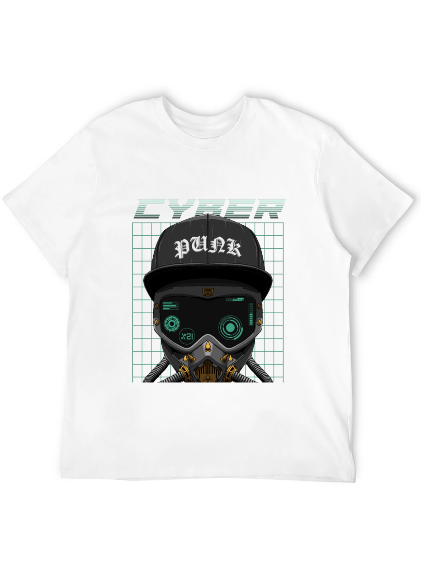 Cyberpunk Graphic Tee - Punk Hat Mask Grid