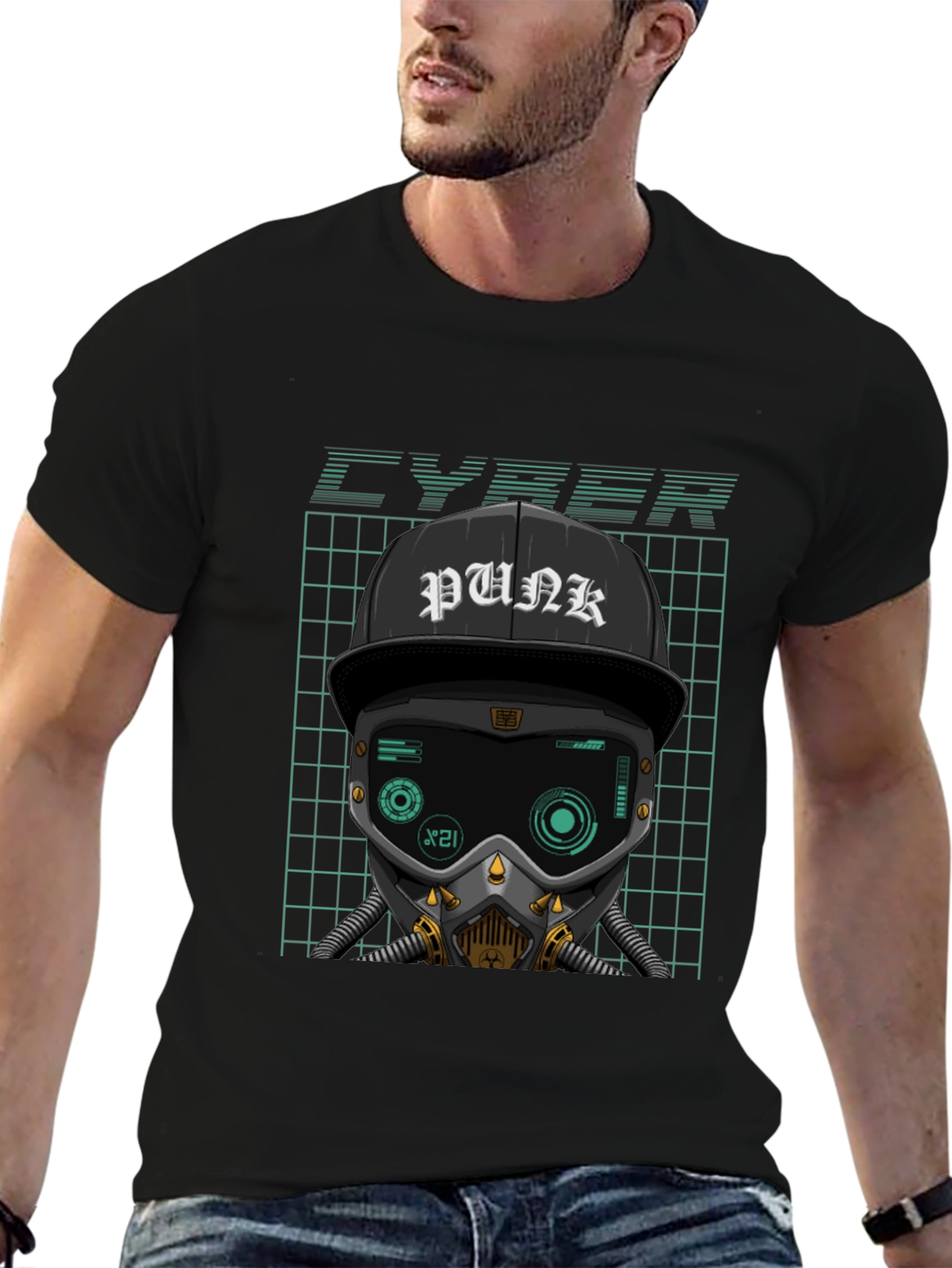 Cyberpunk Graphic Tee - Punk Hat Mask Grid