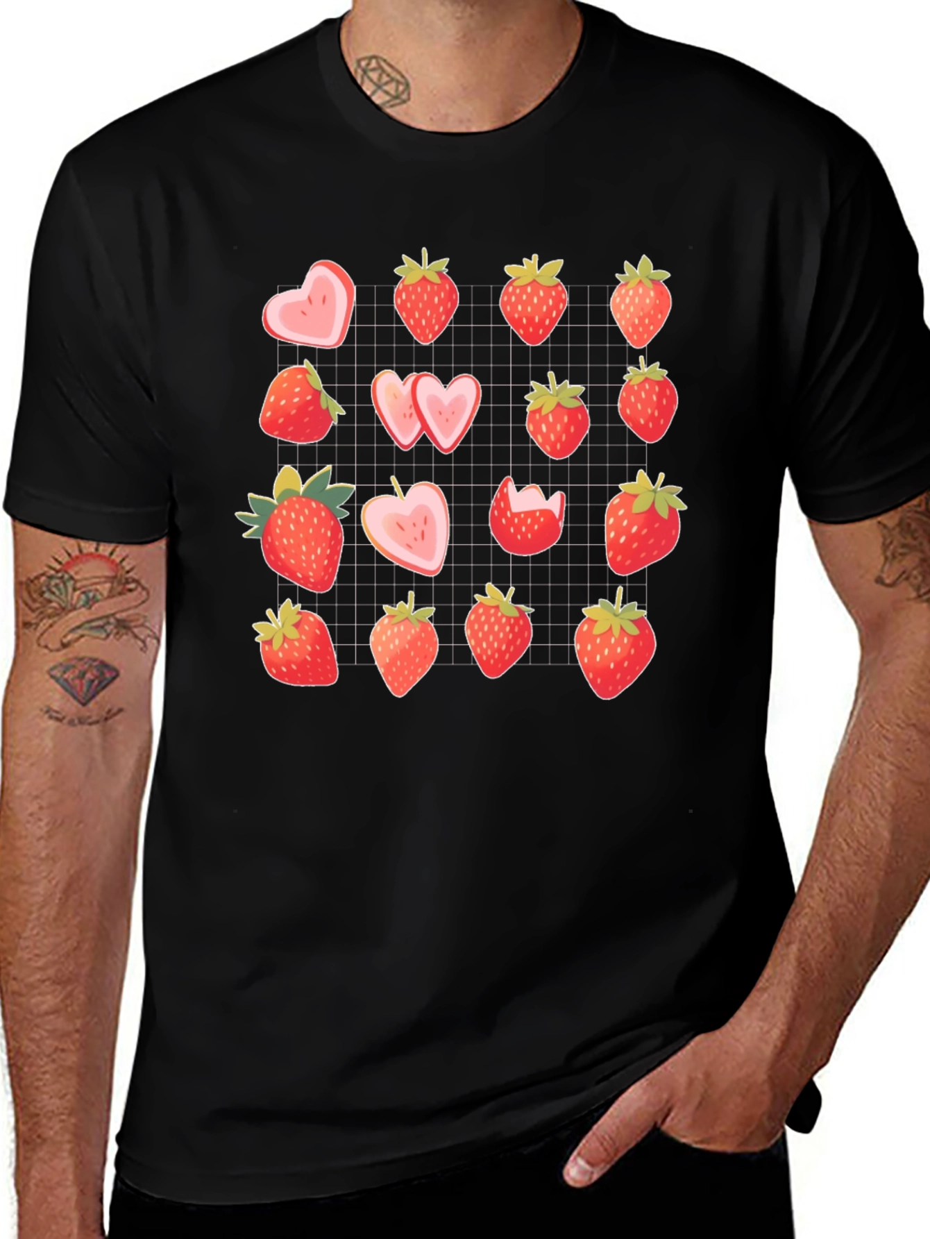 Strawberry Pattern Black T-Shirt