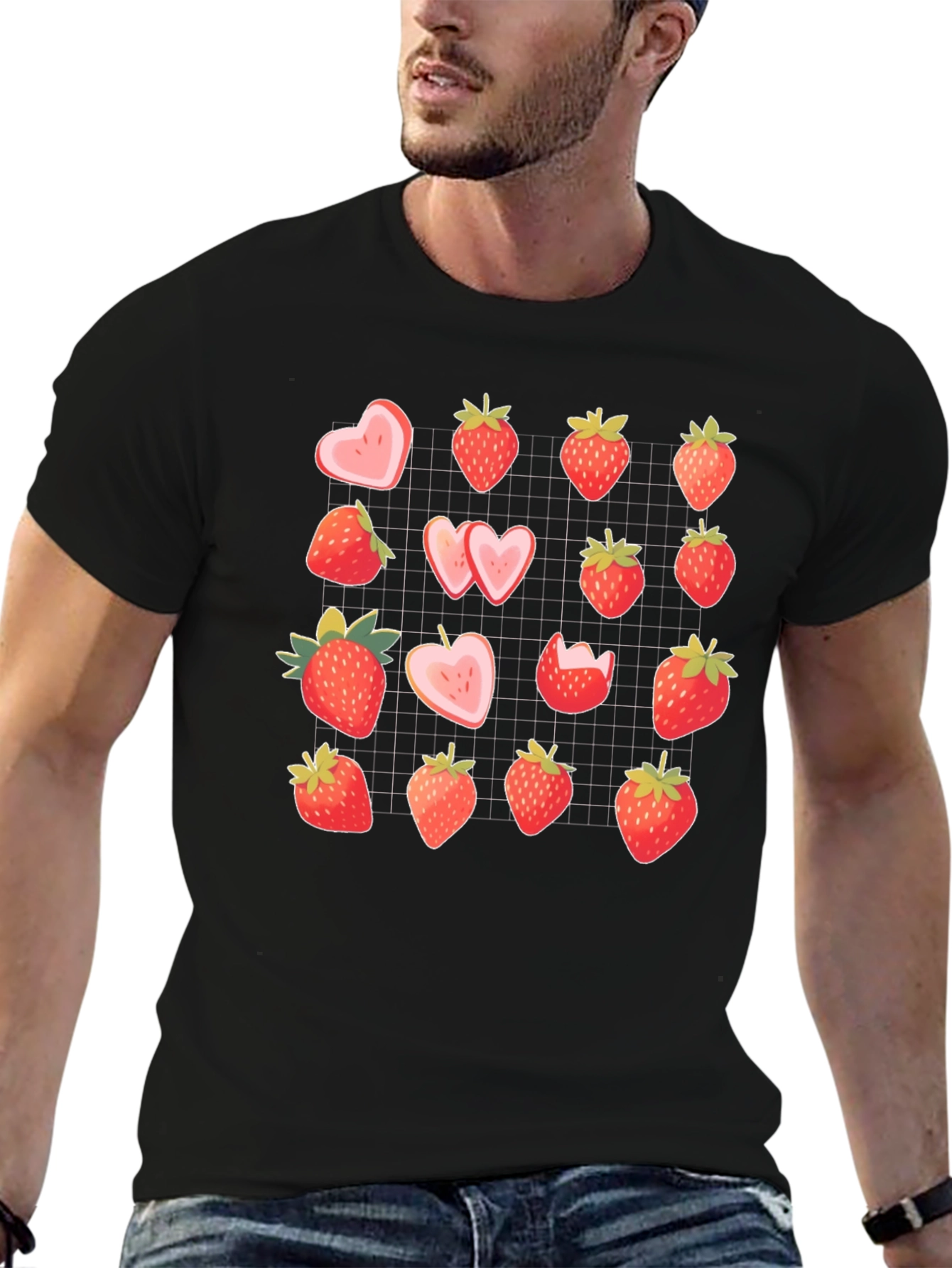 Strawberry Pattern Black T-Shirt