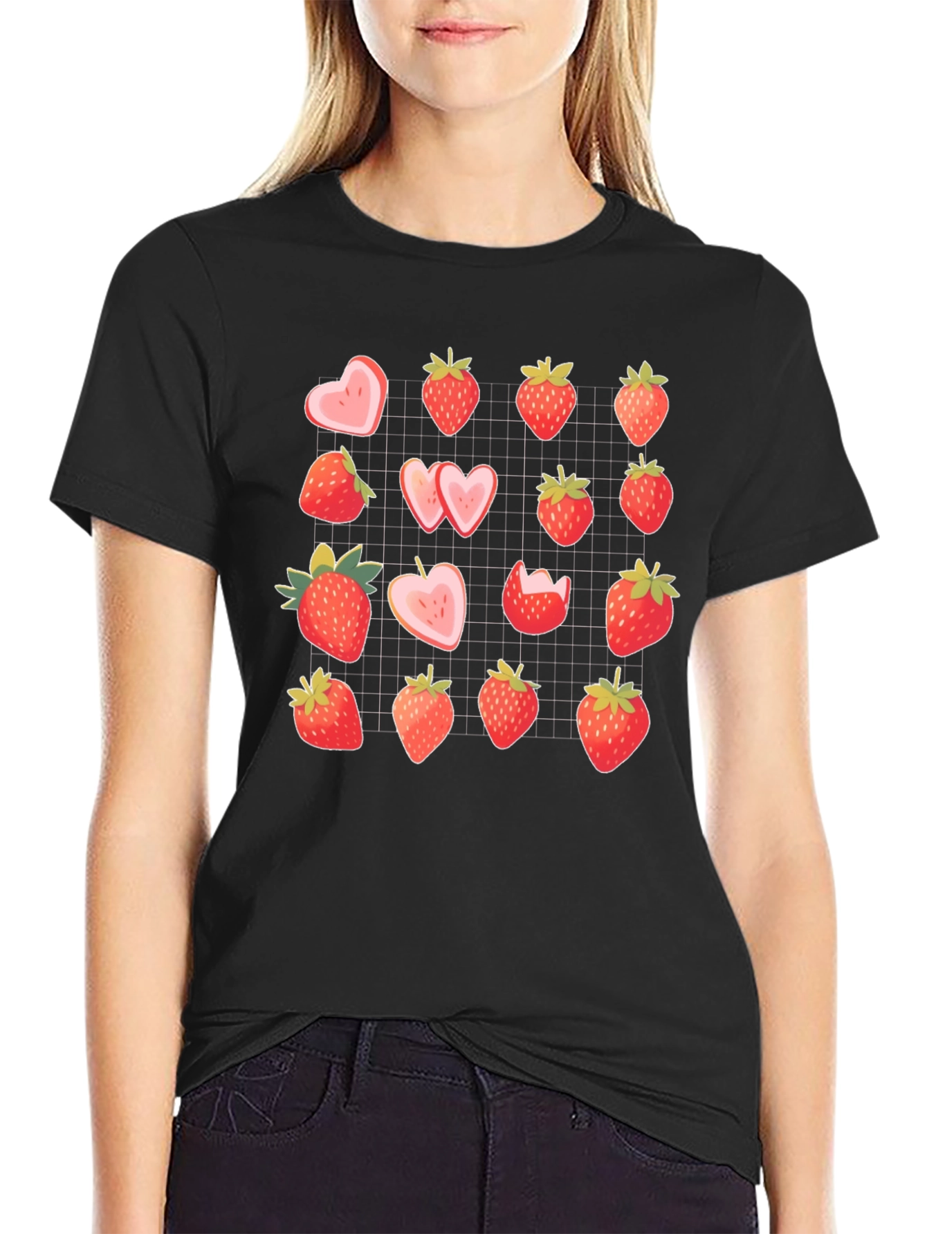 Strawberry Pattern Black T-Shirt