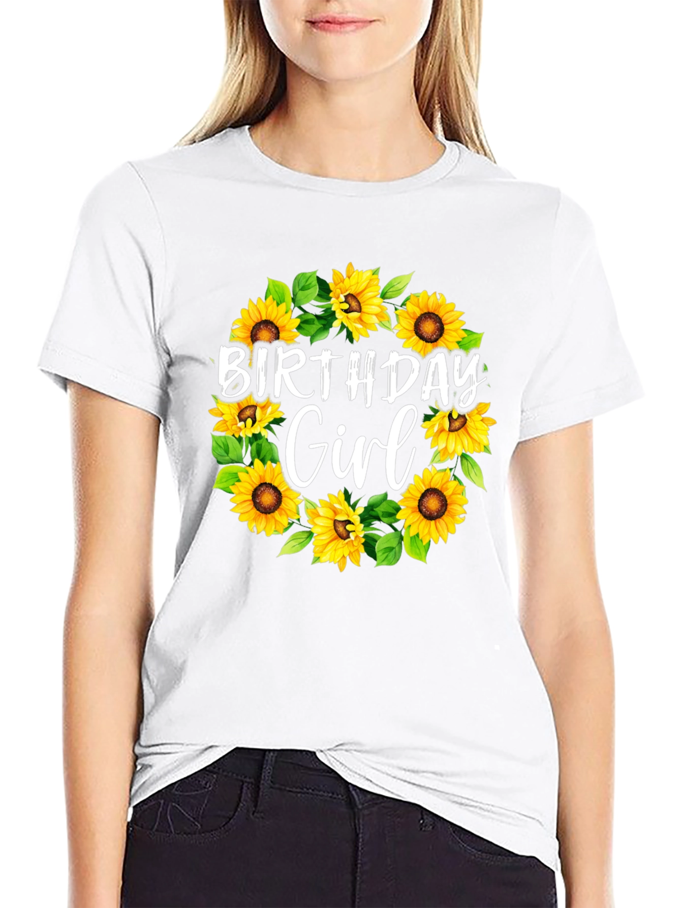 Birthday Girl Sunflower Wreath Black T-Shirt
