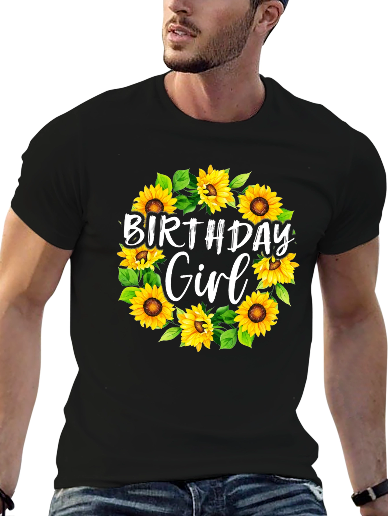 Birthday Girl Sunflower Wreath Black T-Shirt