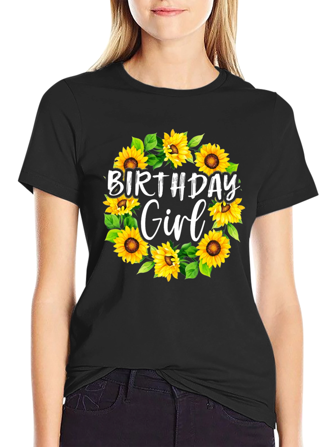 Birthday Girl Sunflower Wreath Black T-Shirt