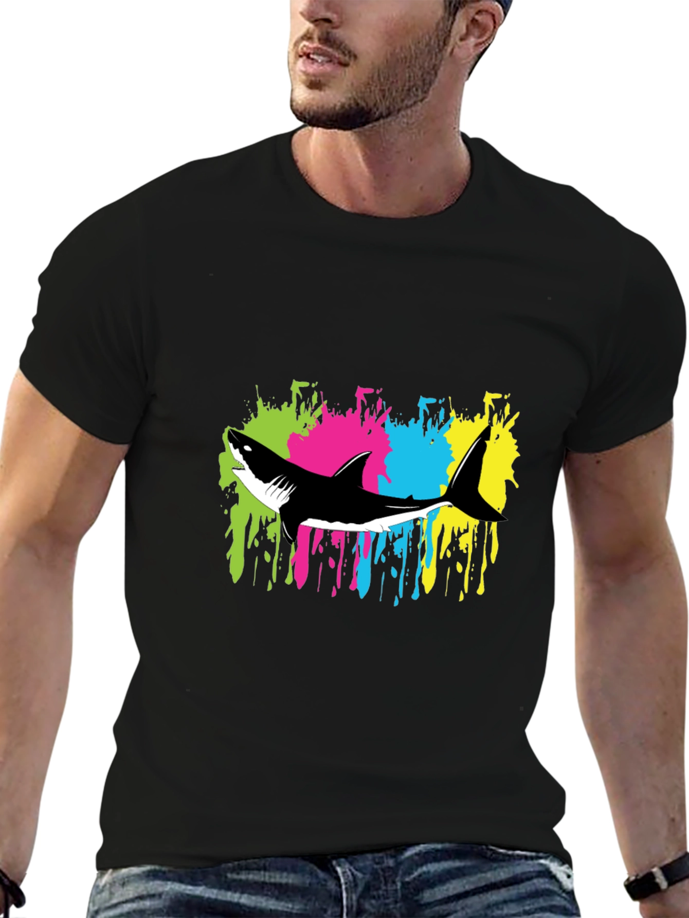 Shark Splash Graphic Tee - Trendy Mens Black T-Shirt