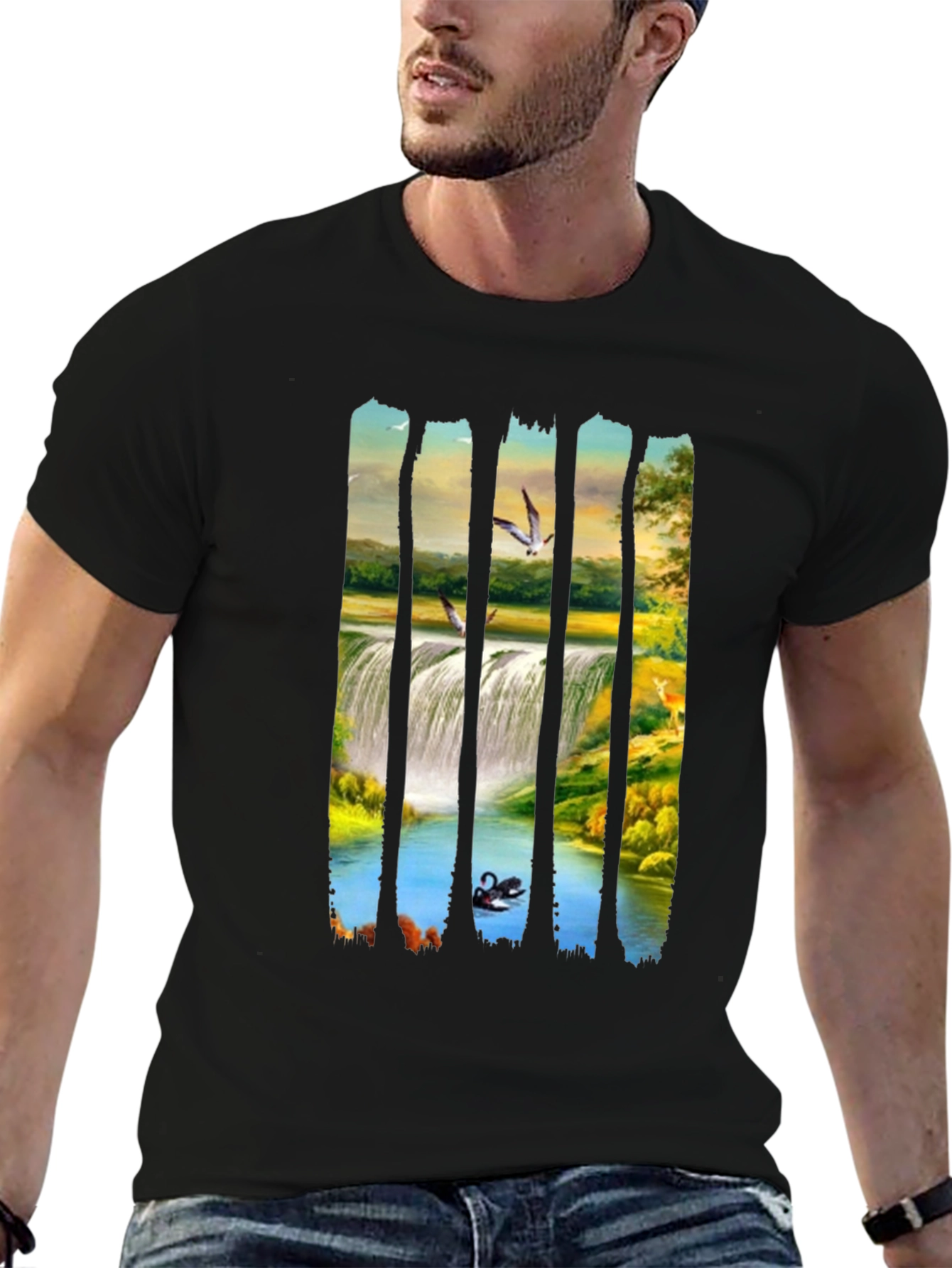 Waterfall Scene Graphic Black Tee