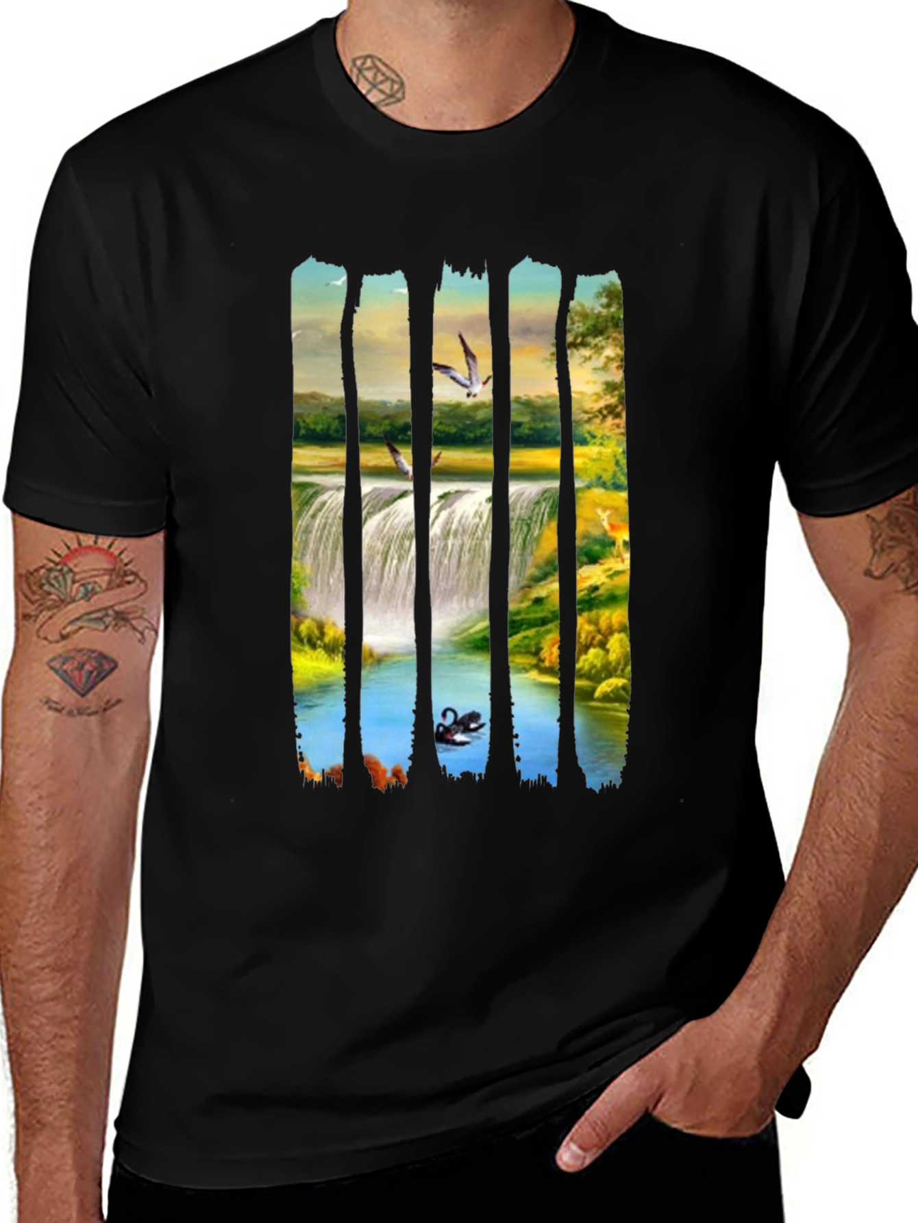 Waterfall Scene Graphic Black Tee