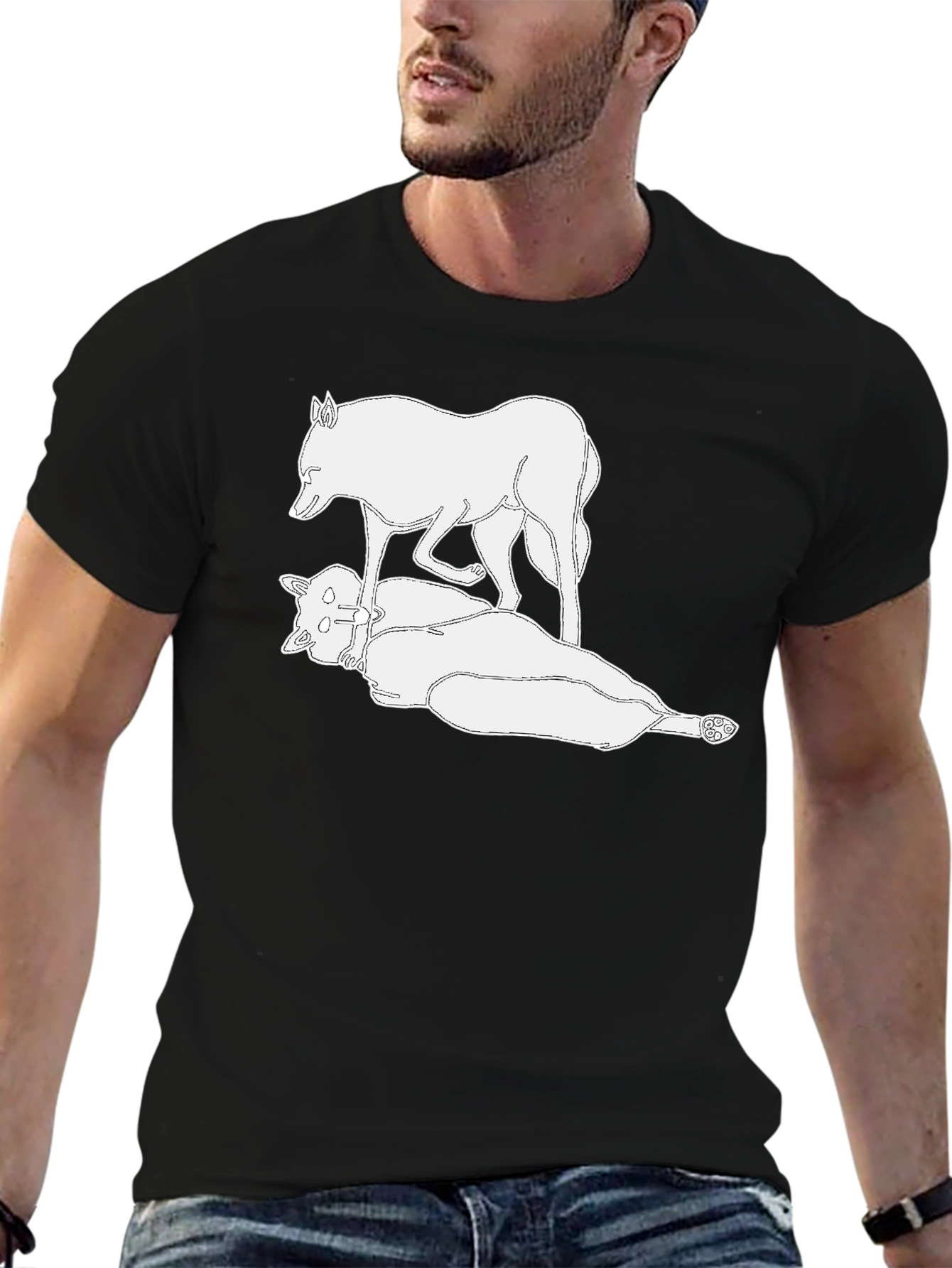 Black T-Shirt with White Wolf Design
