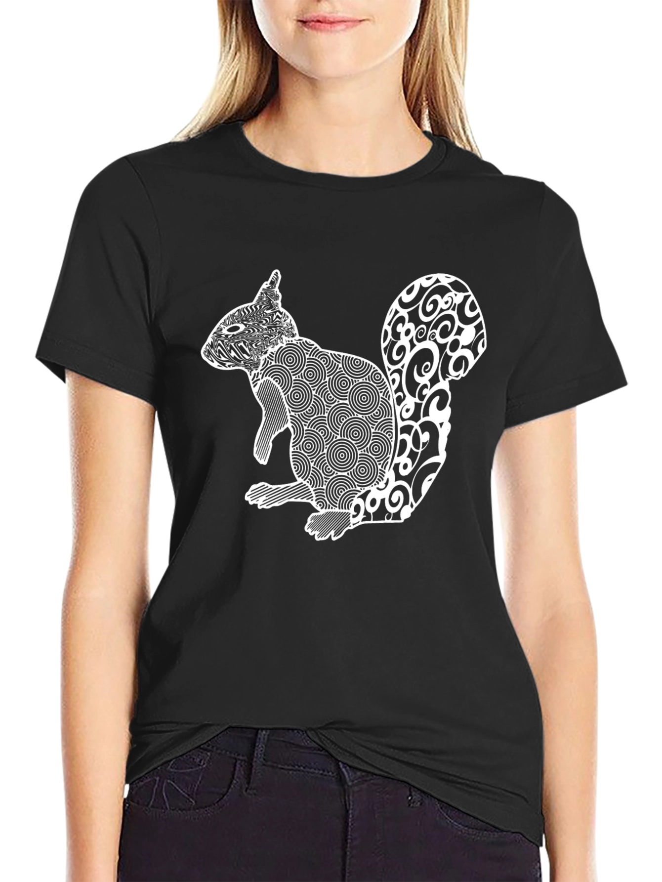 Abstract Squirrel Graphic Print Tee - Black