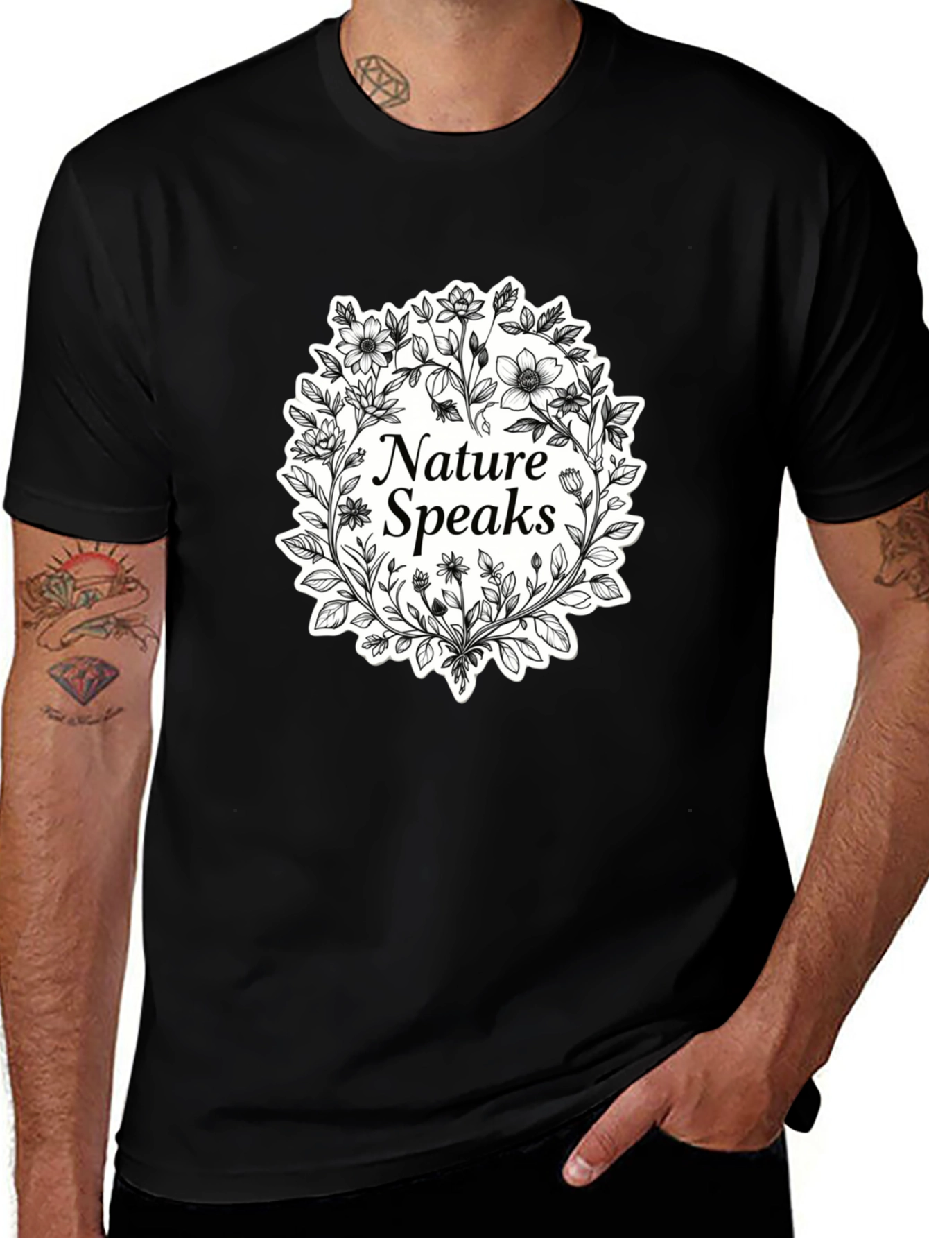 Nature Speaks Black T-Shirt - Floral Design