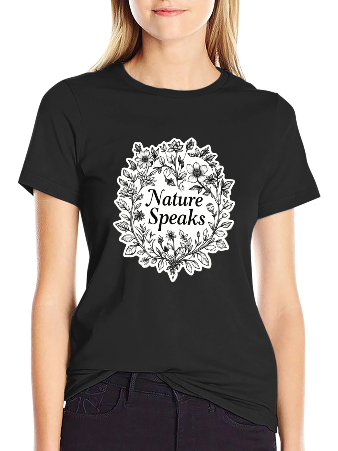 Nature Speaks Black T-Shirt - Floral Design