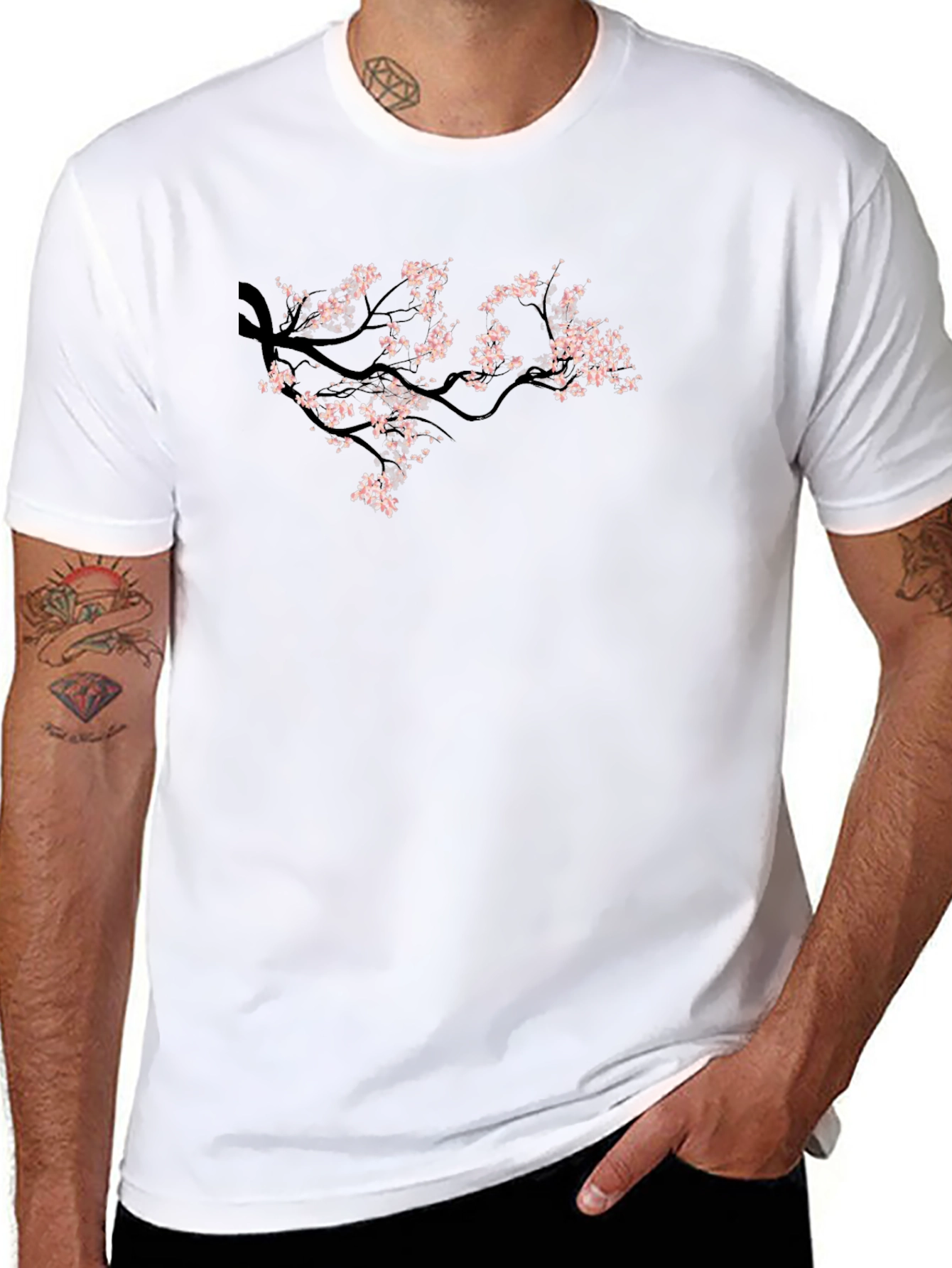 Black Tee with Cherry Blossom Branch Design