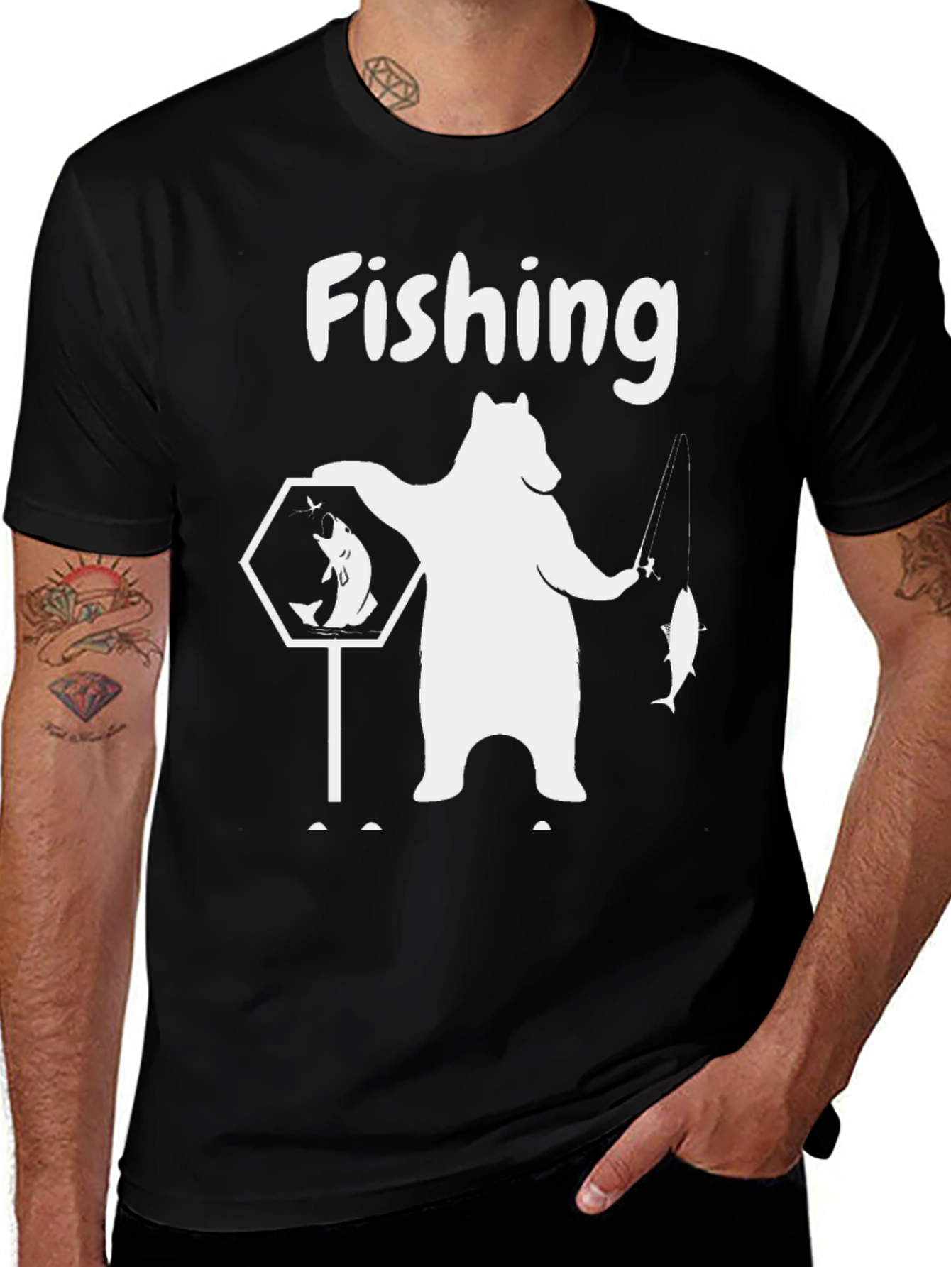 Fishing Bear Graphic Tee - Black