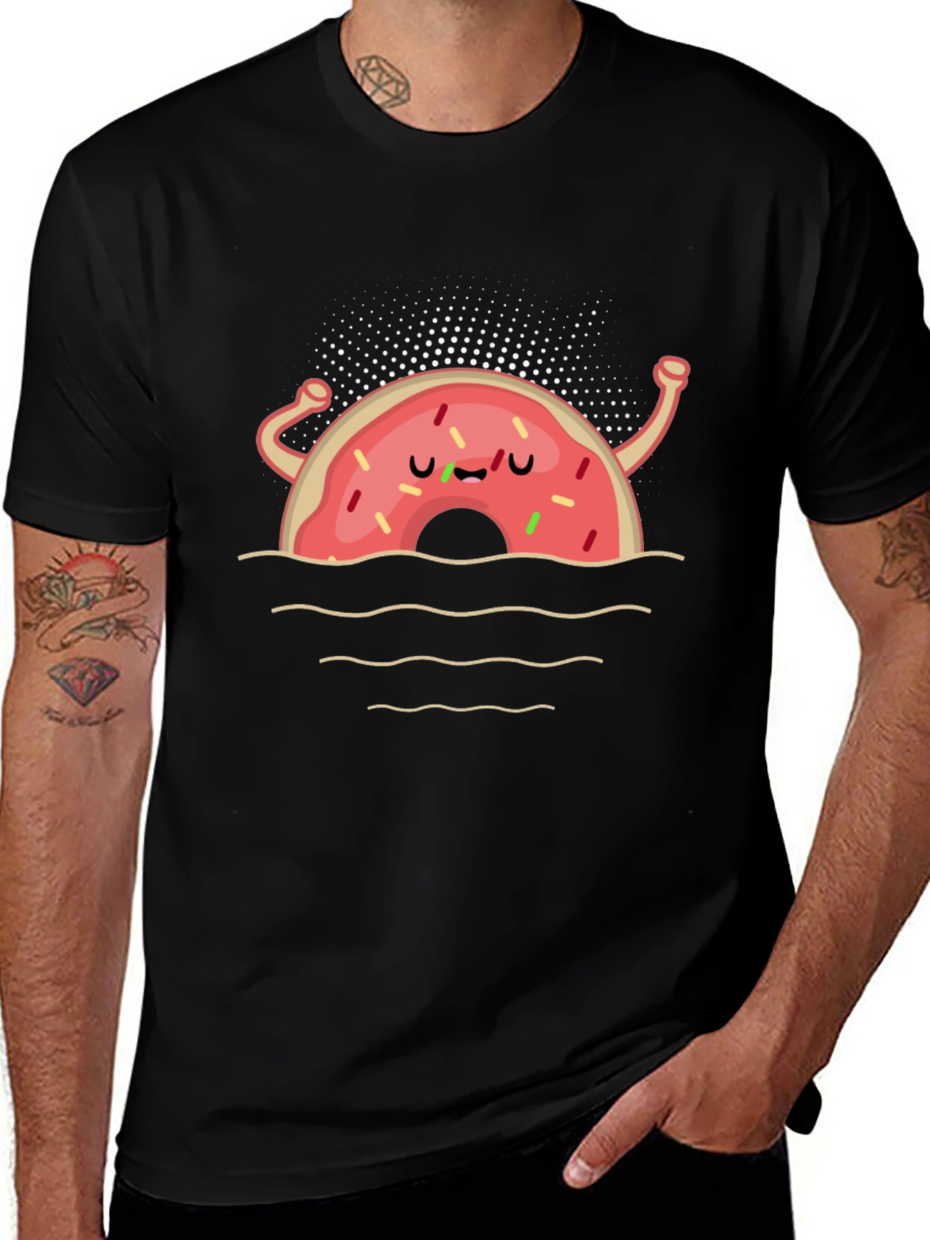 Funny Donut Cartoon Black T-Shirt