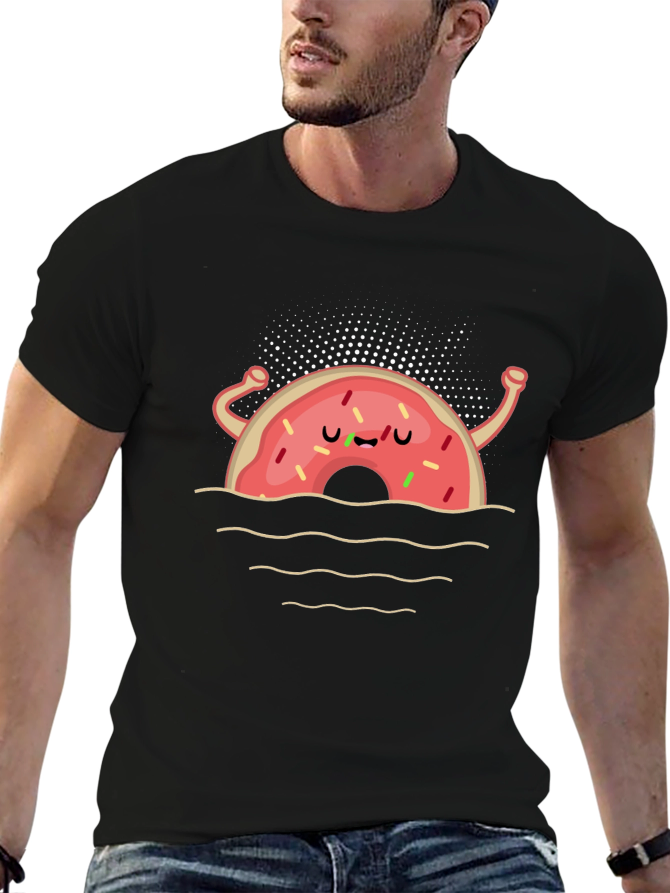 Funny Donut Cartoon Black T-Shirt