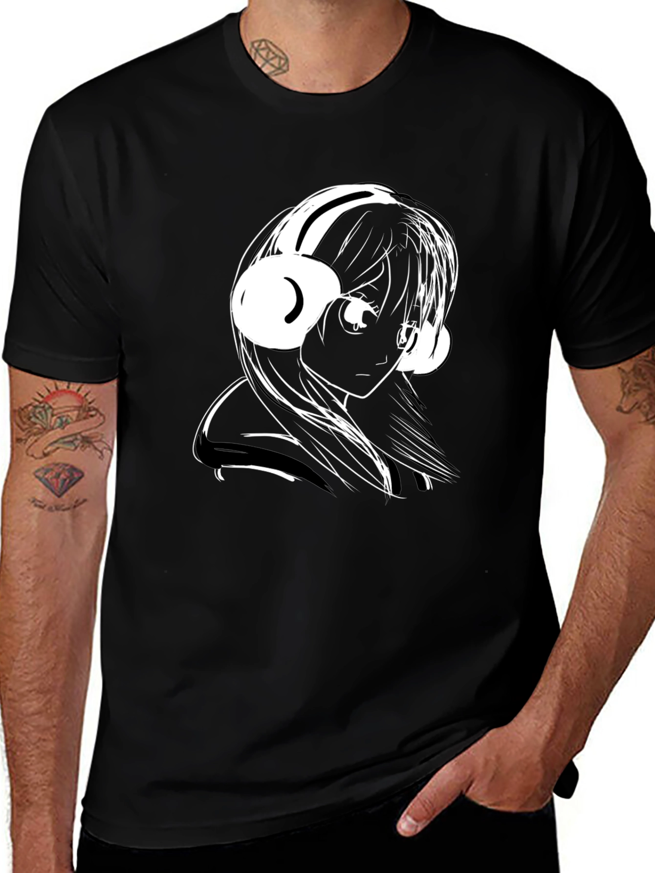 Anime Girl Headphones Black T-Shirt