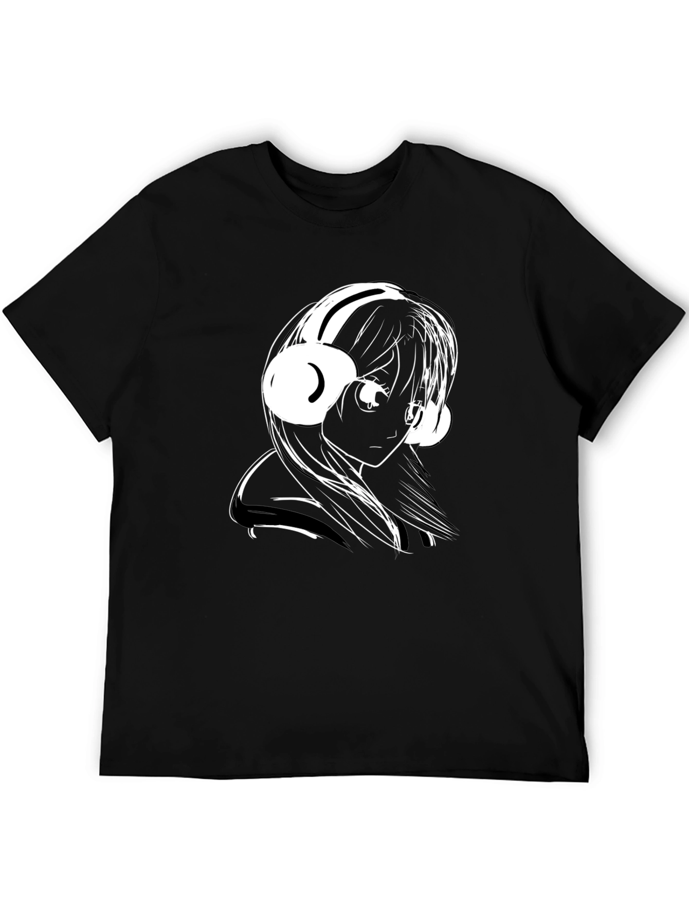 Anime Girl Headphones Black T-Shirt