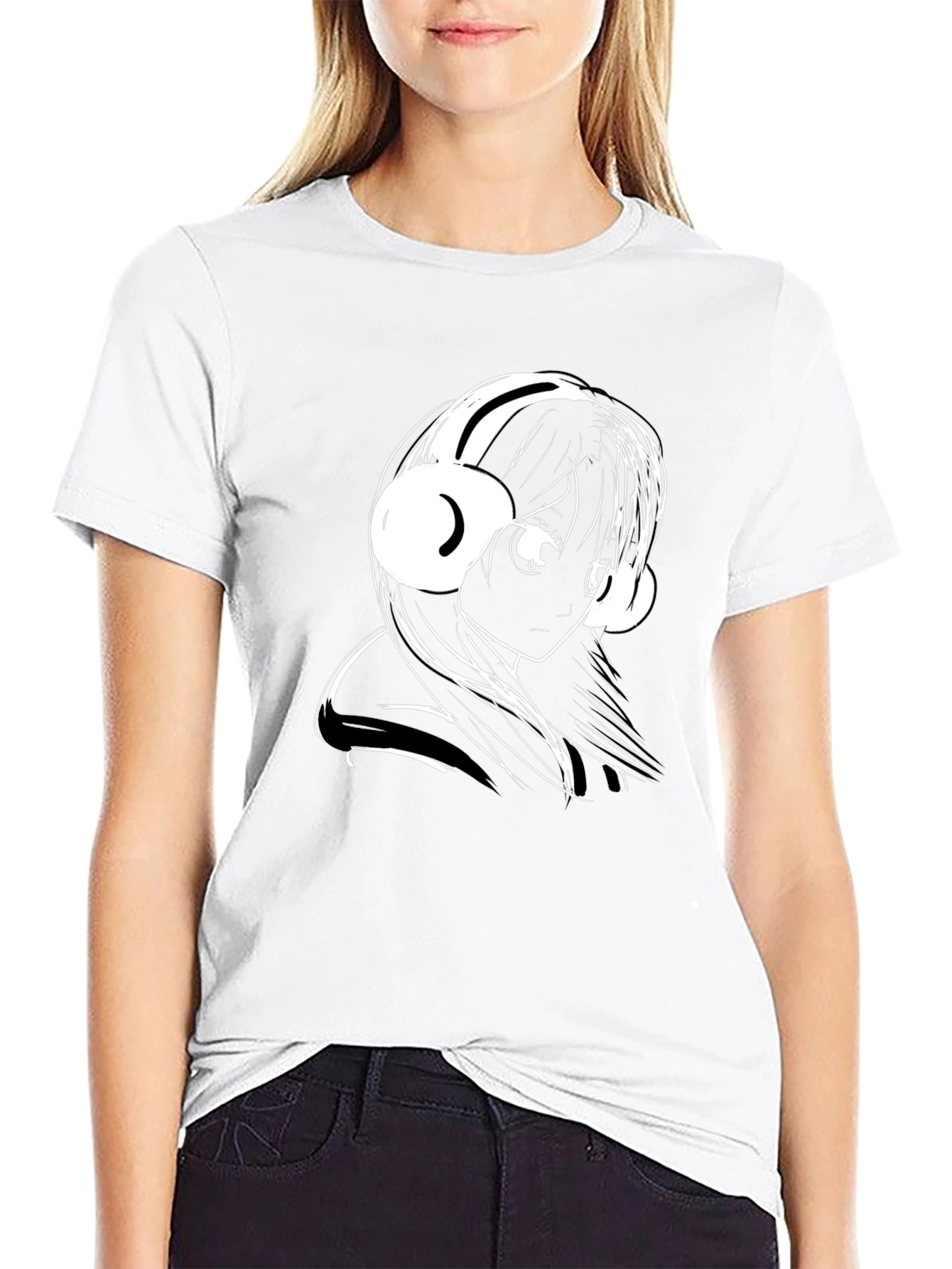 Anime Girl Headphones Black T-Shirt