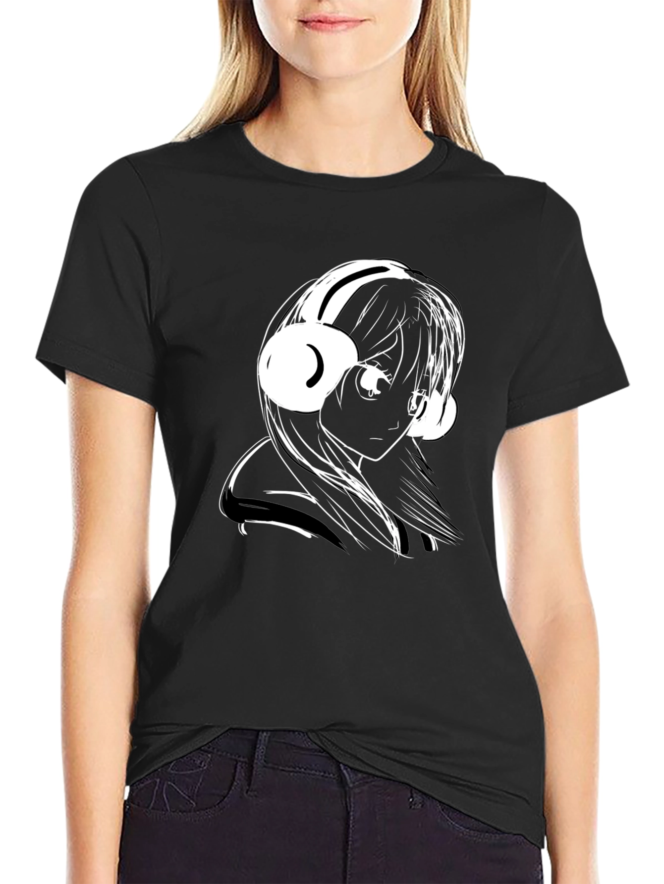 Anime Girl Headphones Black T-Shirt