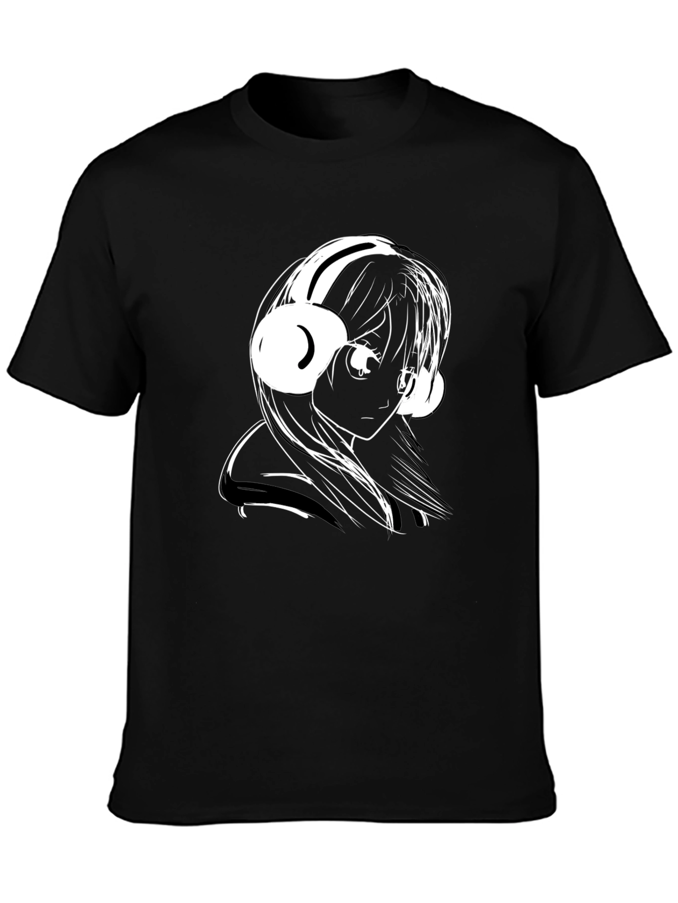 Anime Girl Headphones Black T-Shirt