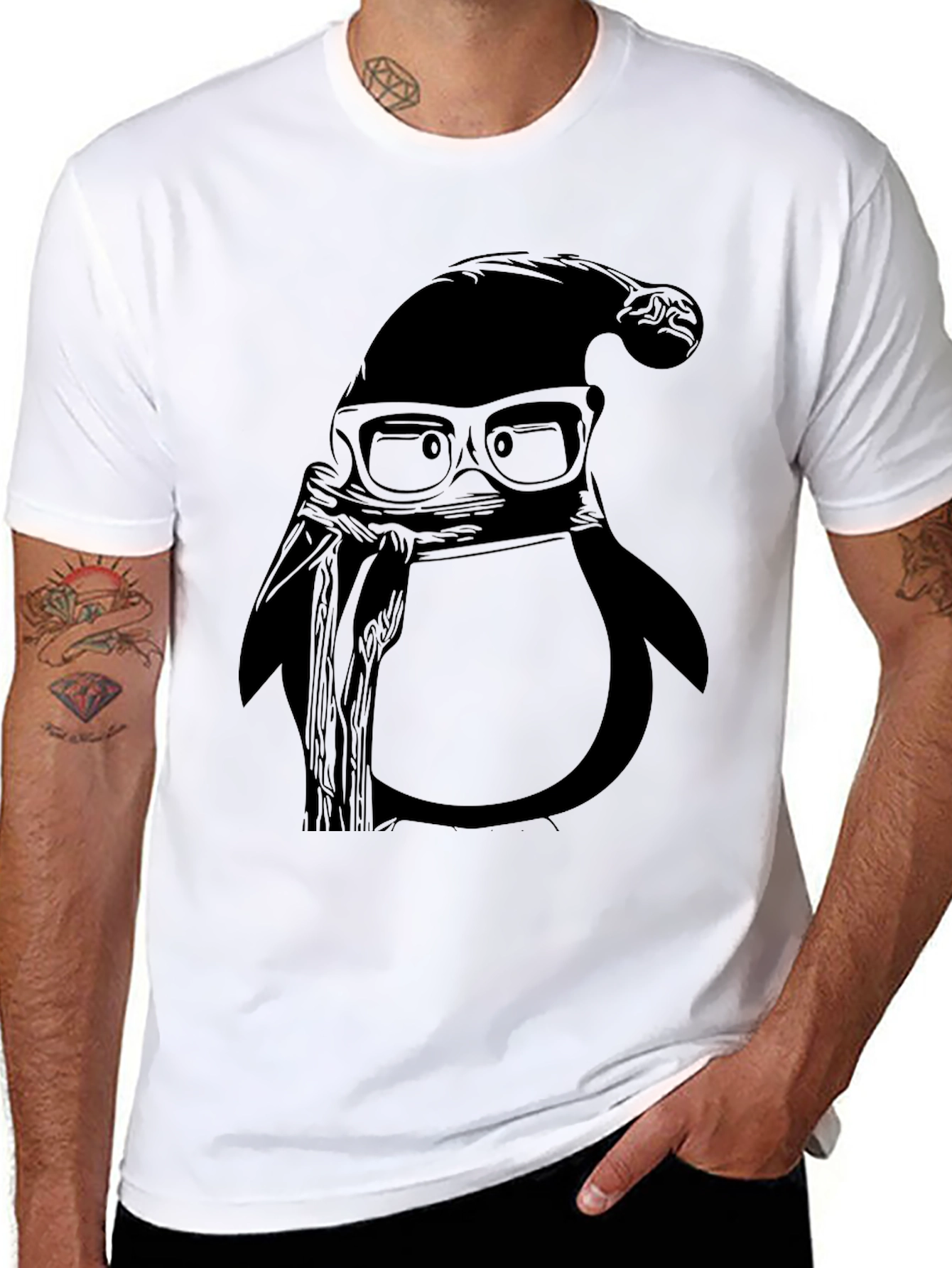 Cool Penguin with Santa Hat Graphic Tee