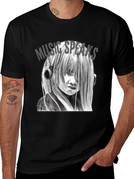 Music Speaks Graphic Tee - Black Cotton T-Shirt